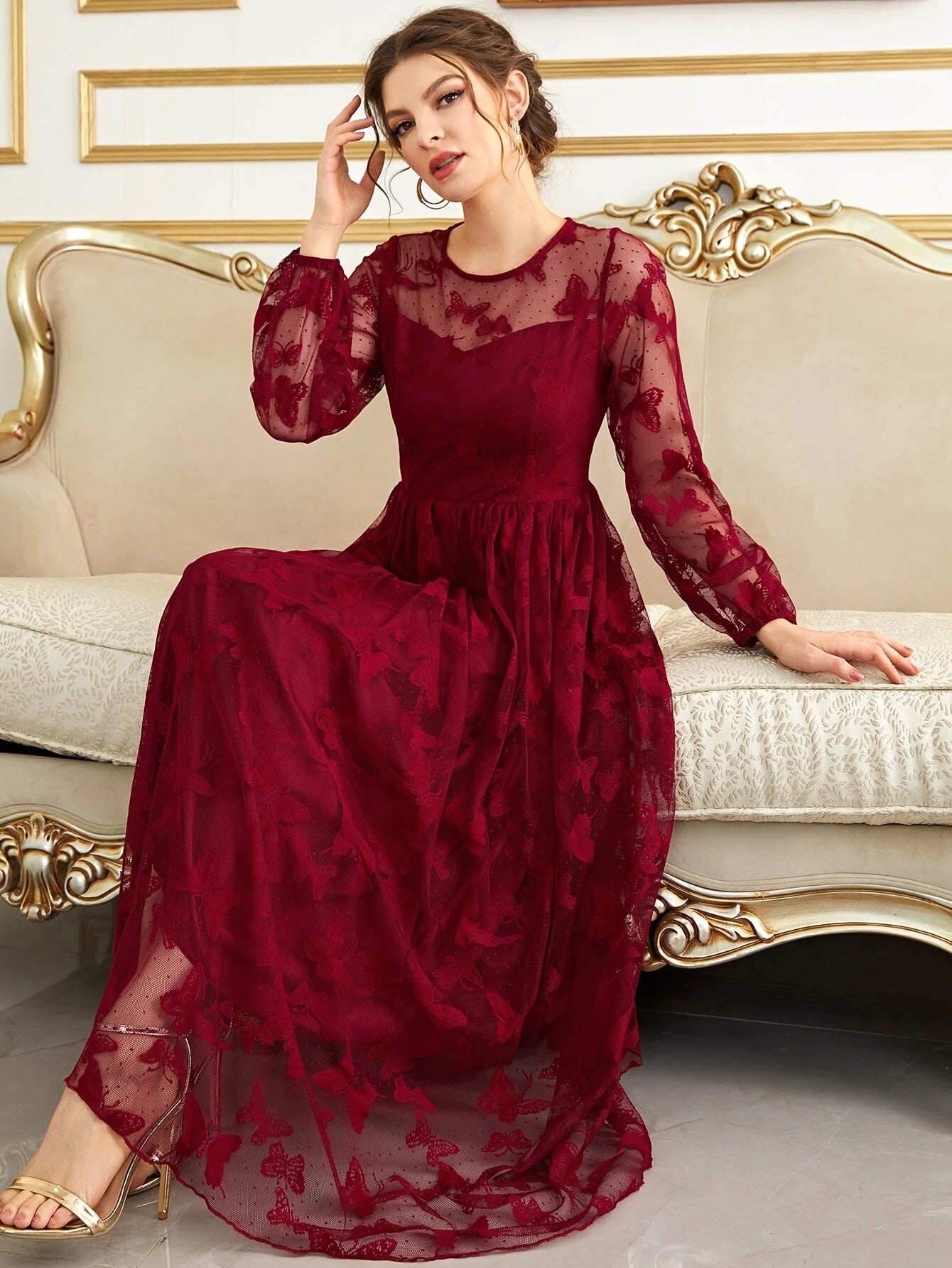 gbolsos Contrast Lace Crew Neck A-line Dress, Elegant Long Sleeve Dress For Party & Banquet, Women's Clothing