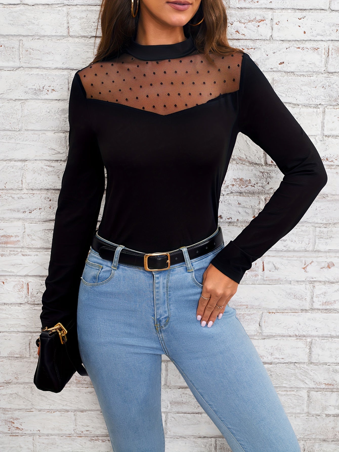 kkboxly Dot Pattern Mesh Stitching Mock Neck T-Shirt, Casual Long Sleeve Top For Spring & Fall, Women's Clothing