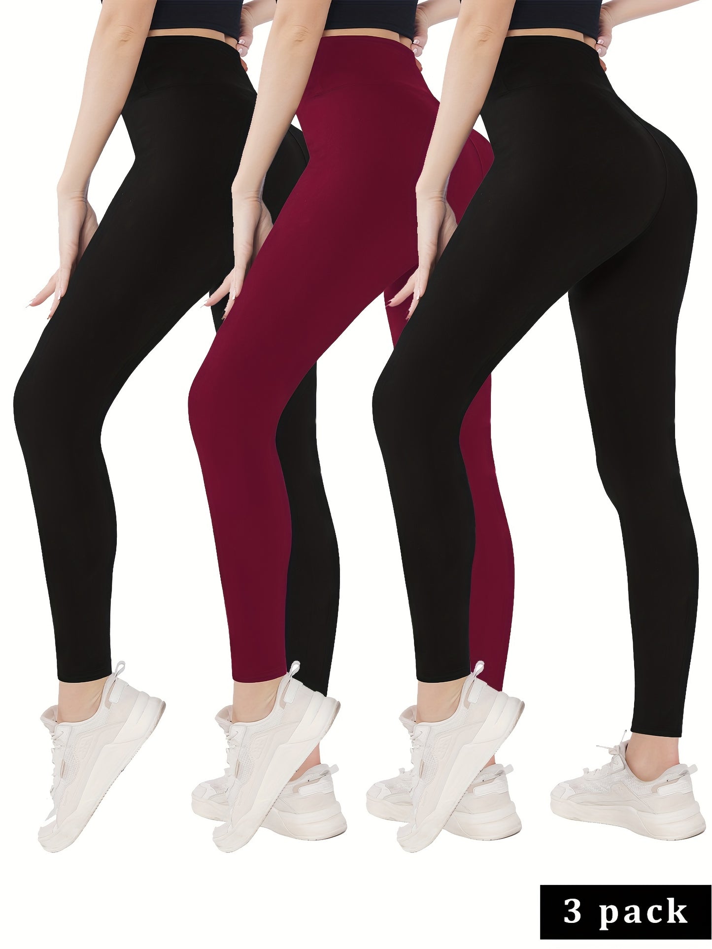 gbolsosSolid High Waist Skinny 3 Pieces Set Leggings, Workout Spring & Fall Leggings, Women's Clothing