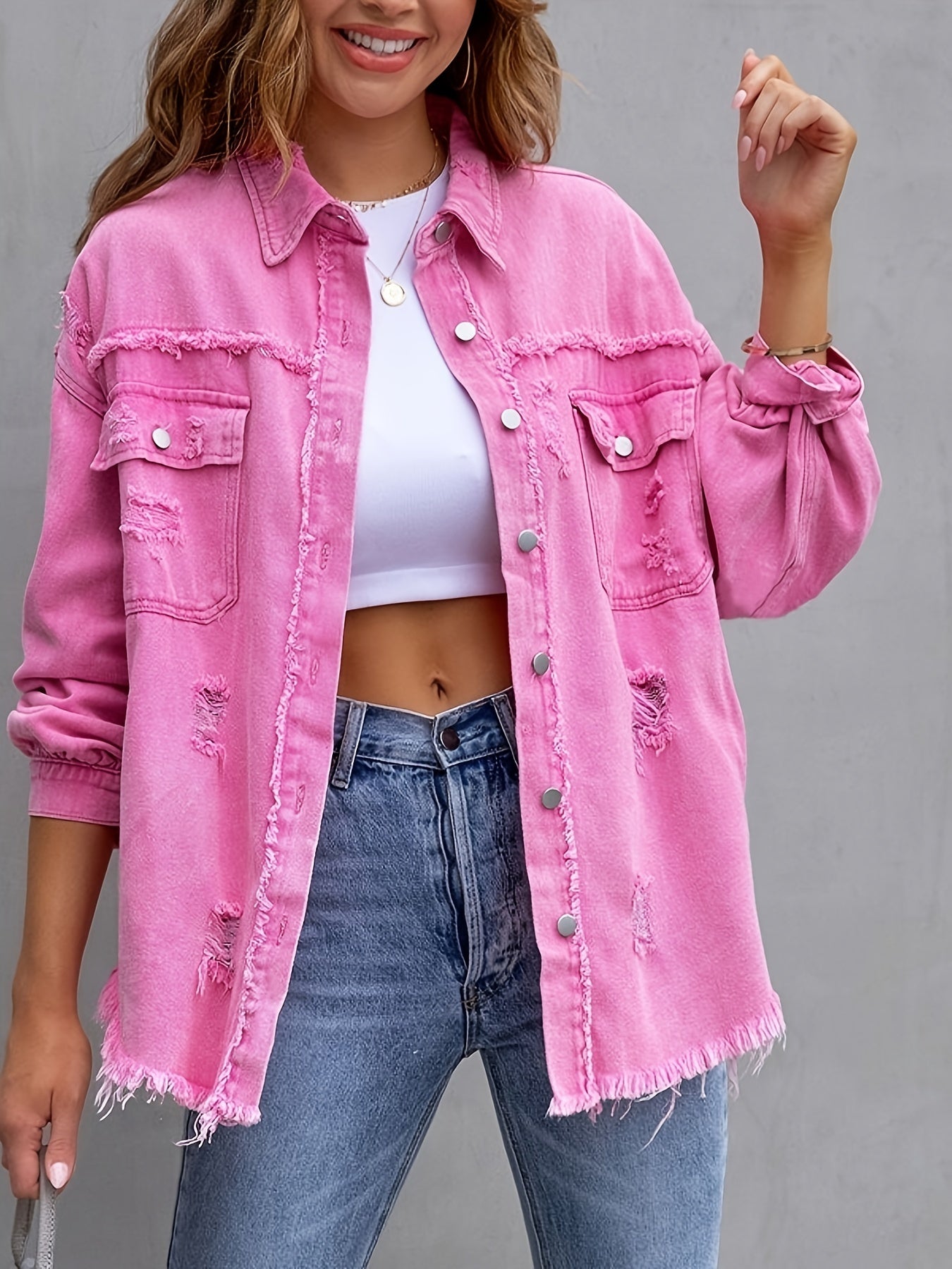 gbolsos Plain Ripped Holes Lapel Denim Jackets, Distressed Raw Hem Long Sleeves Casual Denim Coats, Women's Denim Clothing