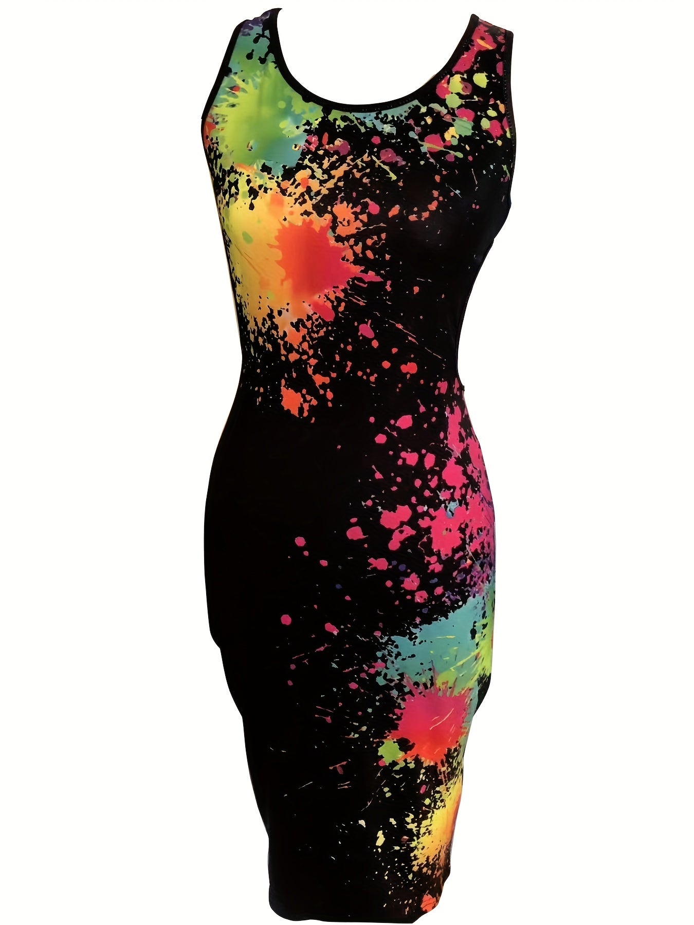 Splash Ink Print Dress, Sexy Cut Out Crew Neck Summer Dress, Women's Clothing