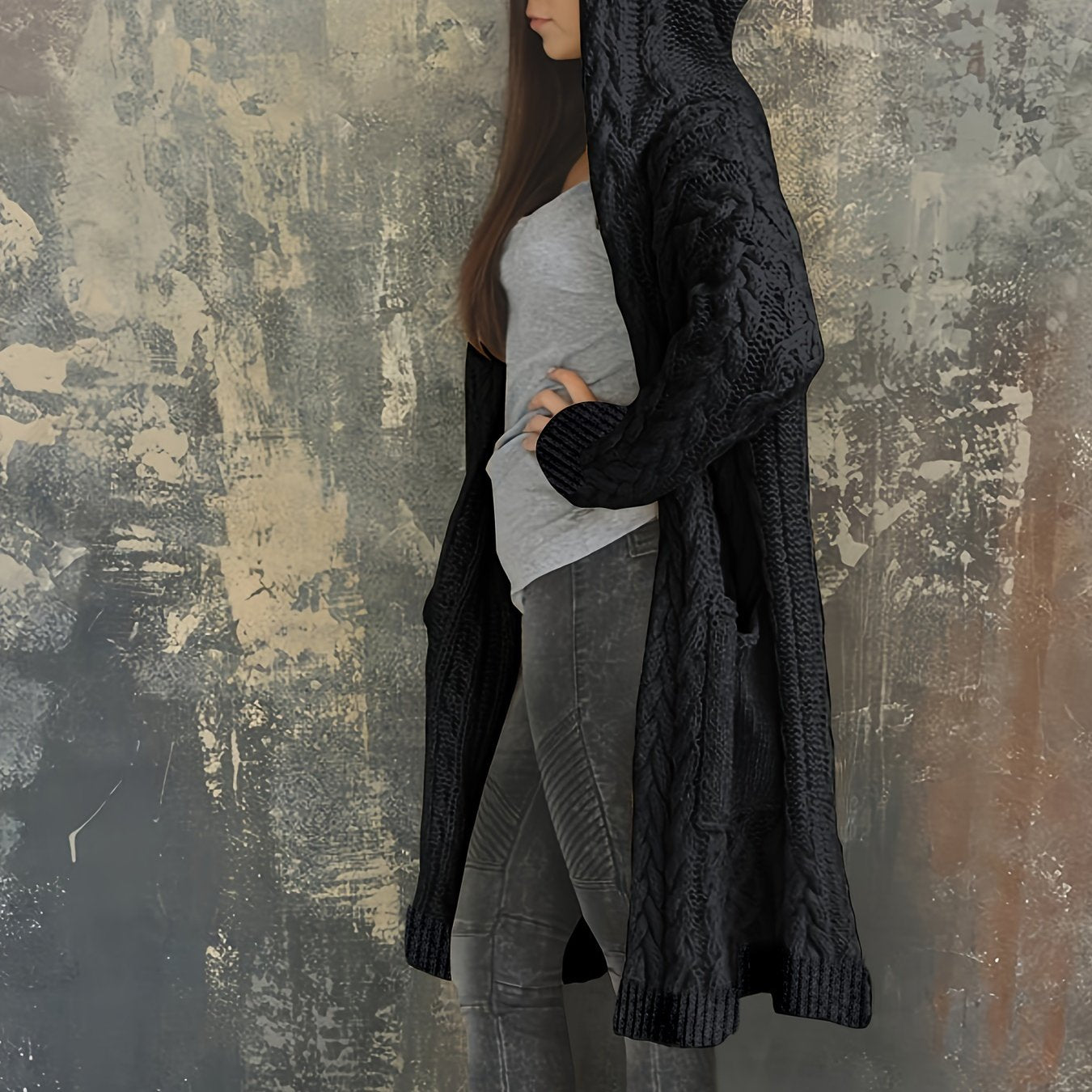 Chunky Knit Hooded Cardigan, Solid Long Open Front Sweater, Casual Cardigan For Fall & Winter, Women's Clothing