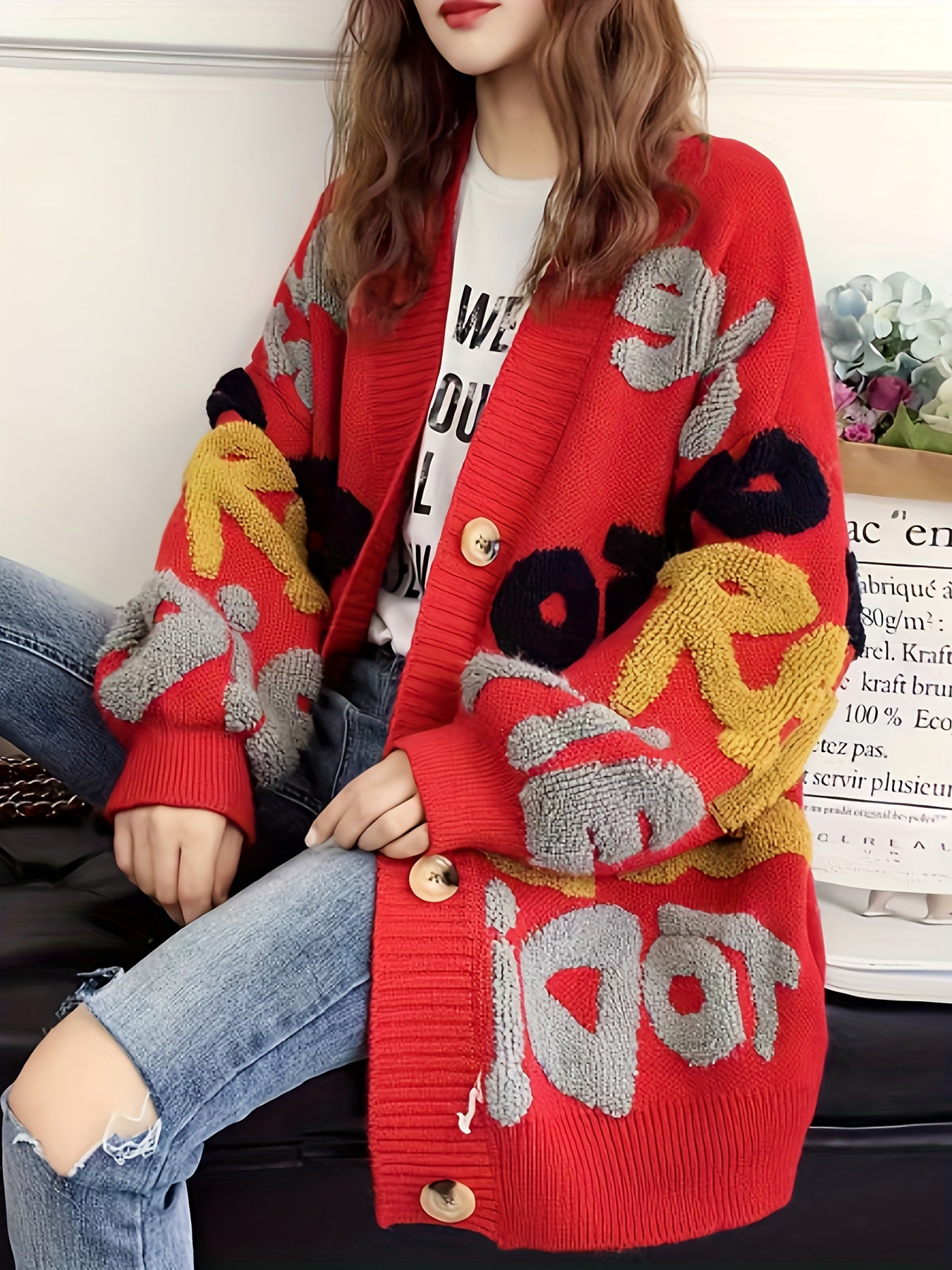 gbolsos Letter Pattern Button Down Knit Cardigan, Casual Long Sleeve Loose Thick Sweater Jacket, Women's Clothing