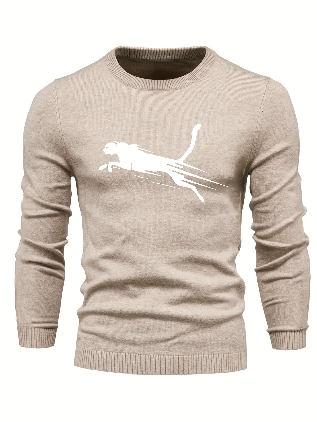 gbolsos All Match Knitted Sweater, Leopard Pattern Men's Casual Warm Mid Stretch Crew Neck Pullover Sweater For Men Fall Winter