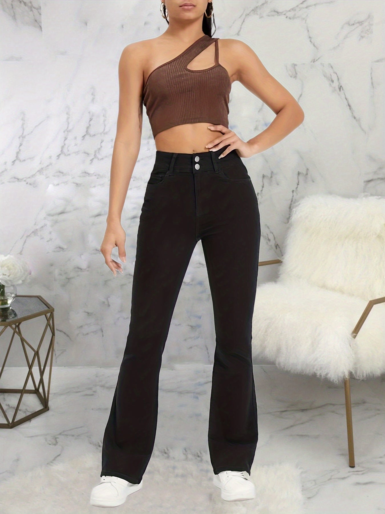 gbolsos Plain Double Button Wide Leg Jeans, High Rise Mid Strech Street Style Flare Denim Pants, Women's Denim Jeans & Clothing