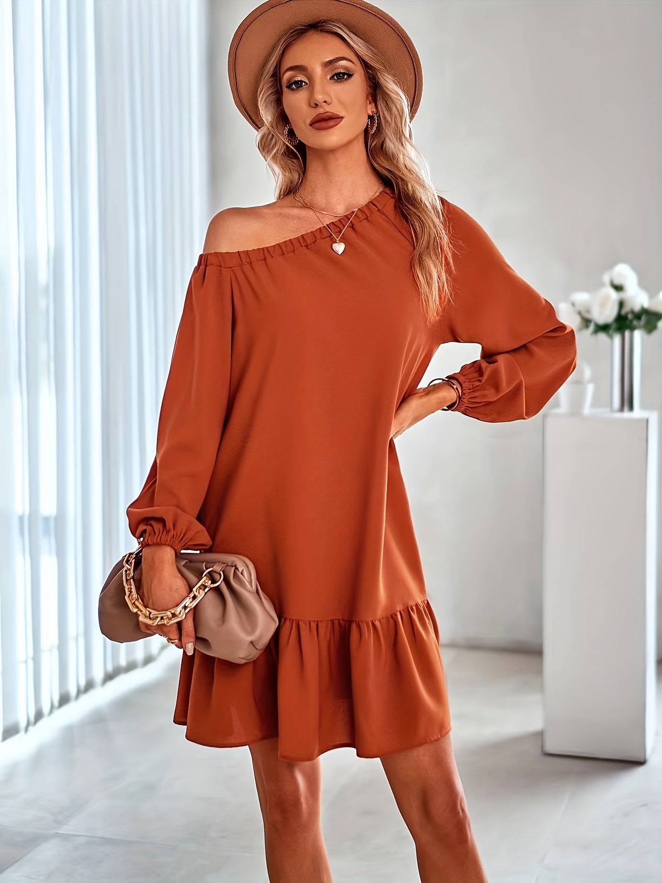Solid One Shoulder Ruffle Hem Dress, Casual Long Sleeve Dress For Spring & Summer, Women's Clothing