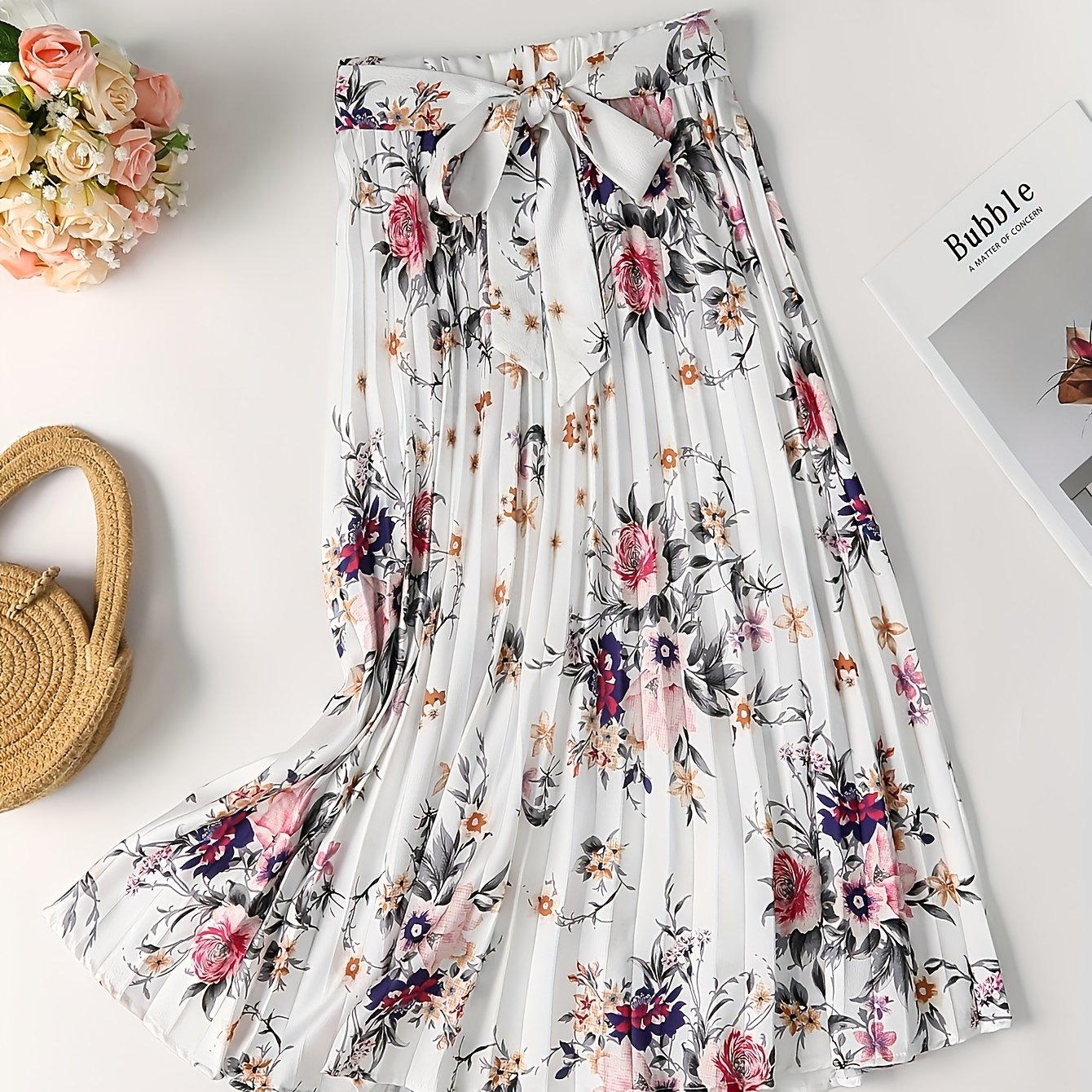 Vintage Floral Print Skirts, Elegant Pleated Tie Waist Daily Skirts, Women's Clothing