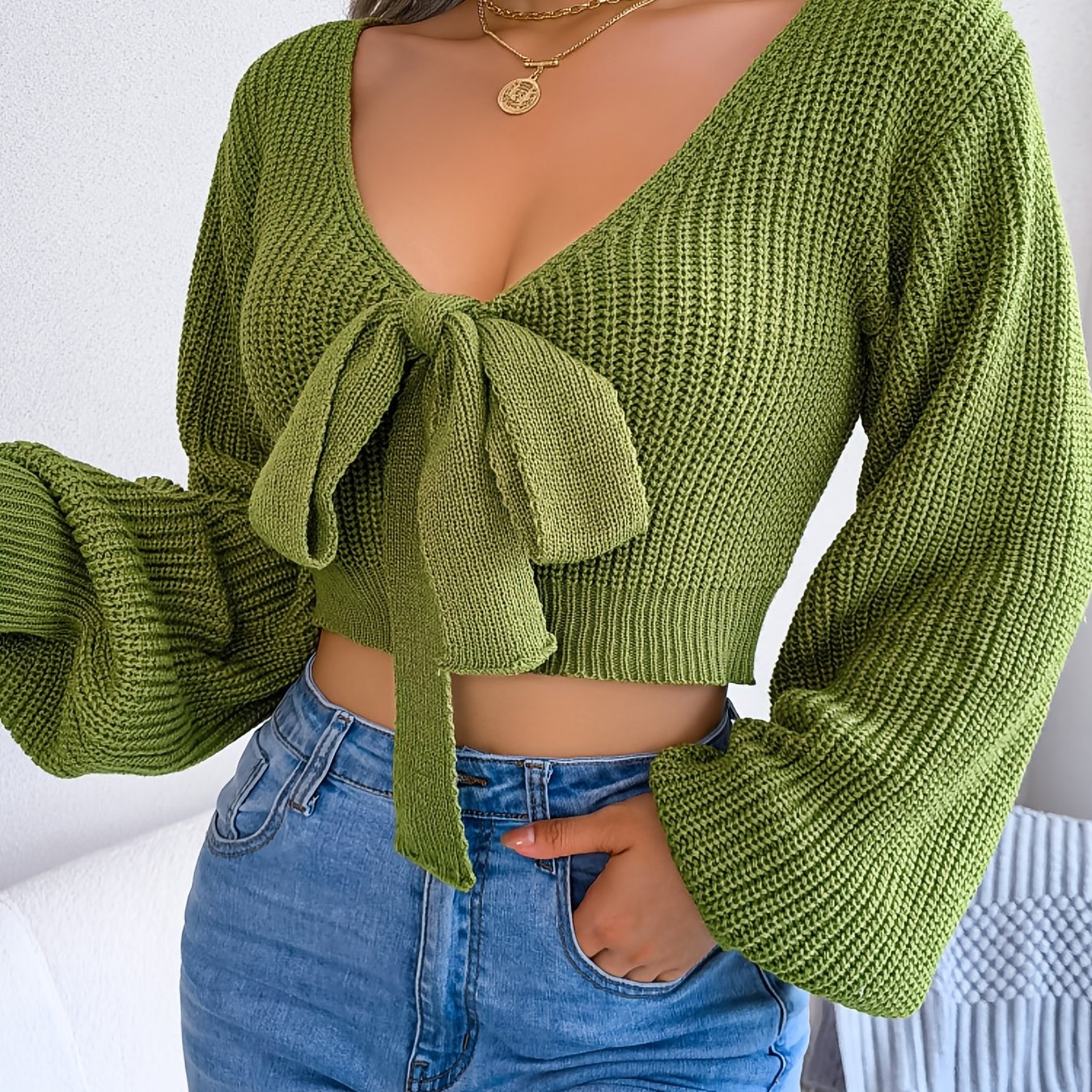 gbolsos Sexy Bowknot V Neck Crop Sweater, Casual Lantern Long Sleeve Loose Fall Winter Knit Sweater, Women's Clothing