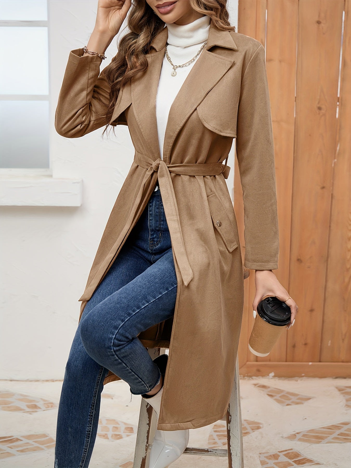 Comfy Belted Trench Coat, Elegant Lapel Neck Long Sleeve Coat, Women's Clothing