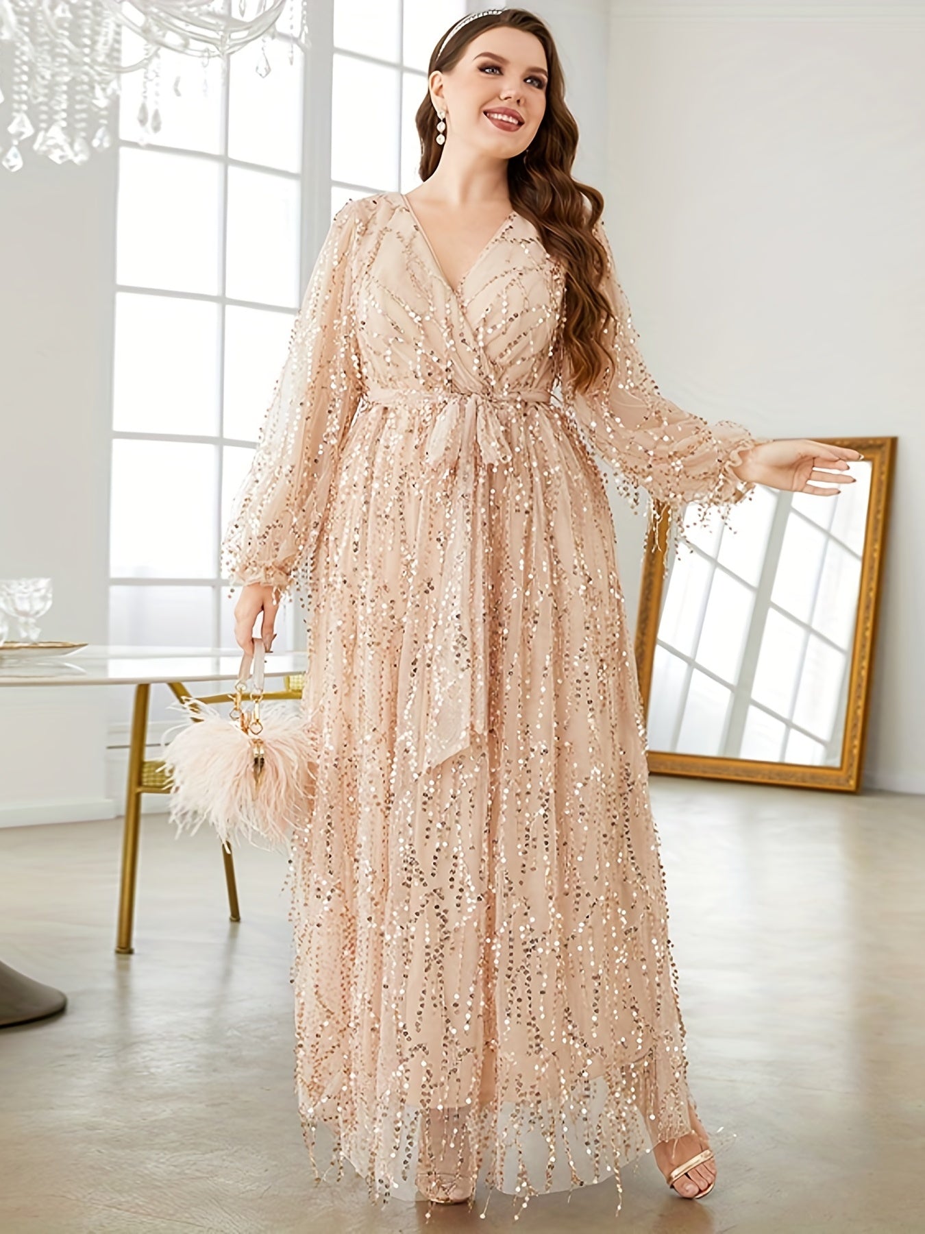gbolsos Plus Size Elegant Bridesmaid Dress, Women's Plus Sequin Fringe Decor Lantern Sleeve Surplice Neck Belted Formal Party Maxi Dress