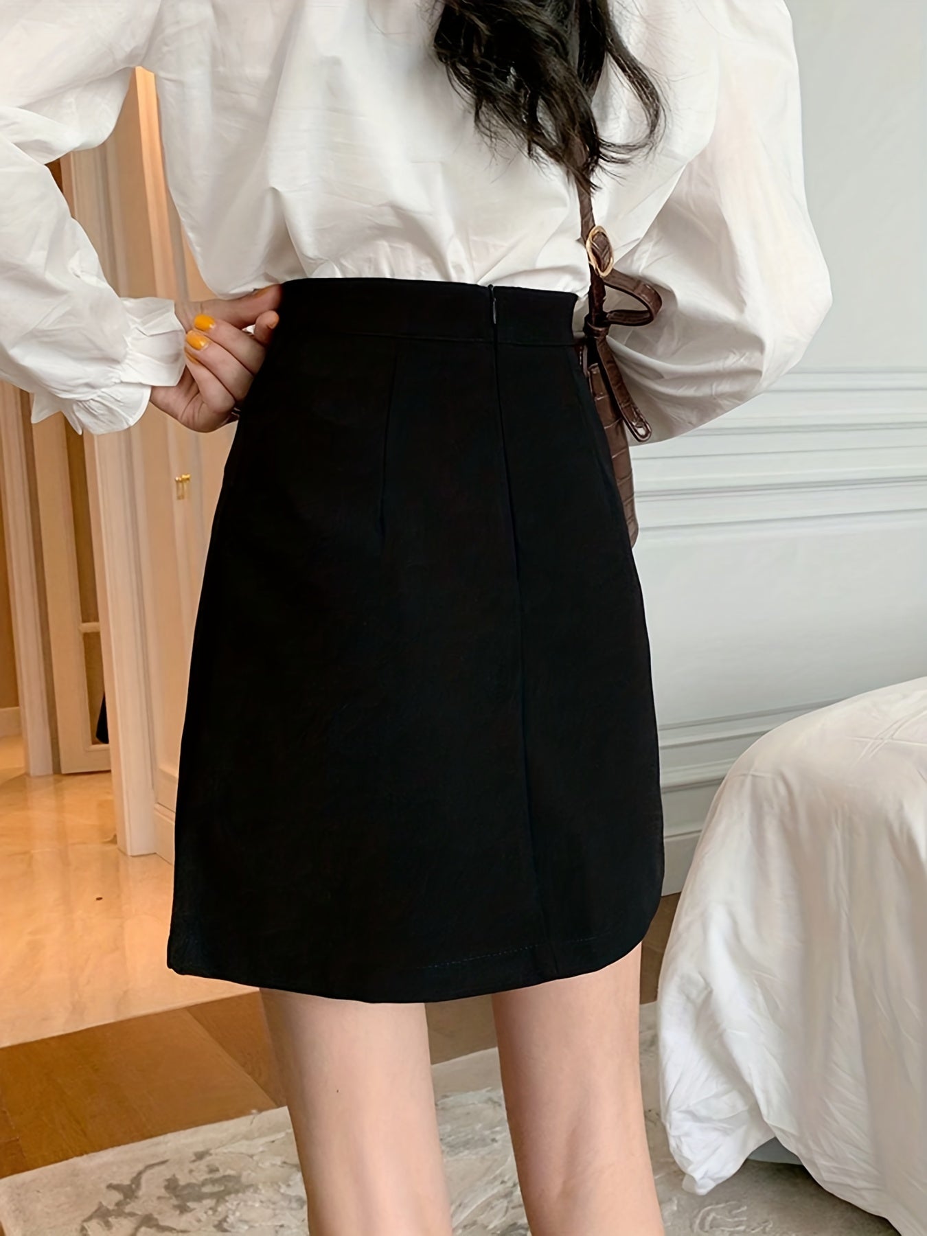 gbolsos Solid High Waist Skirt, Casual Split Versatile Skirt, Women's Clothing
