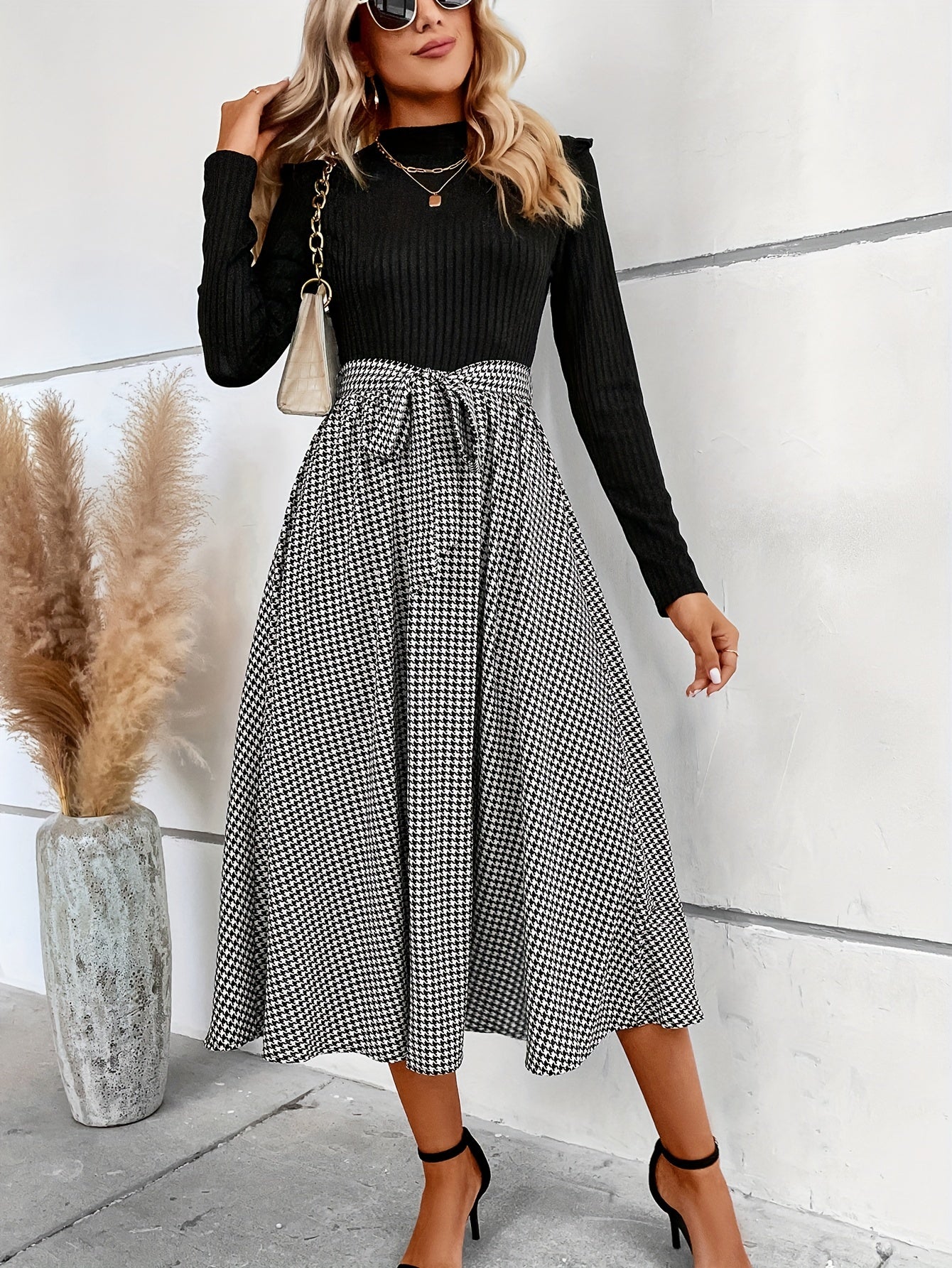 gbolsos Houndstooth Print Splicing Dress, Elegant Mock Neck Long Sleeve Dress, Women's Clothing
