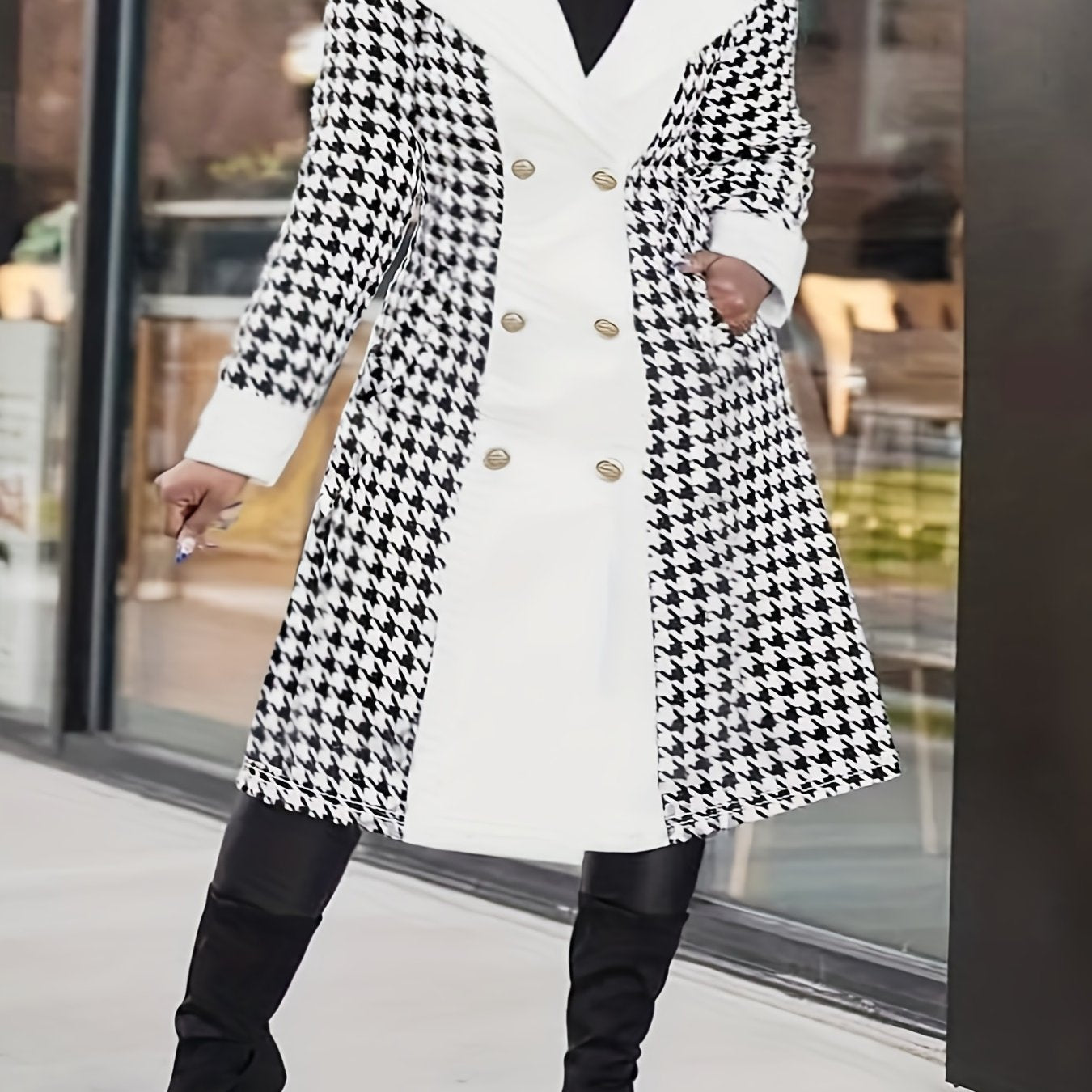 solvbao Plus Size Casual Coat, Women's Plus Colorblock Houndstooth Print Double Button Long Sleeve Lapel Collar Belted Overcoat