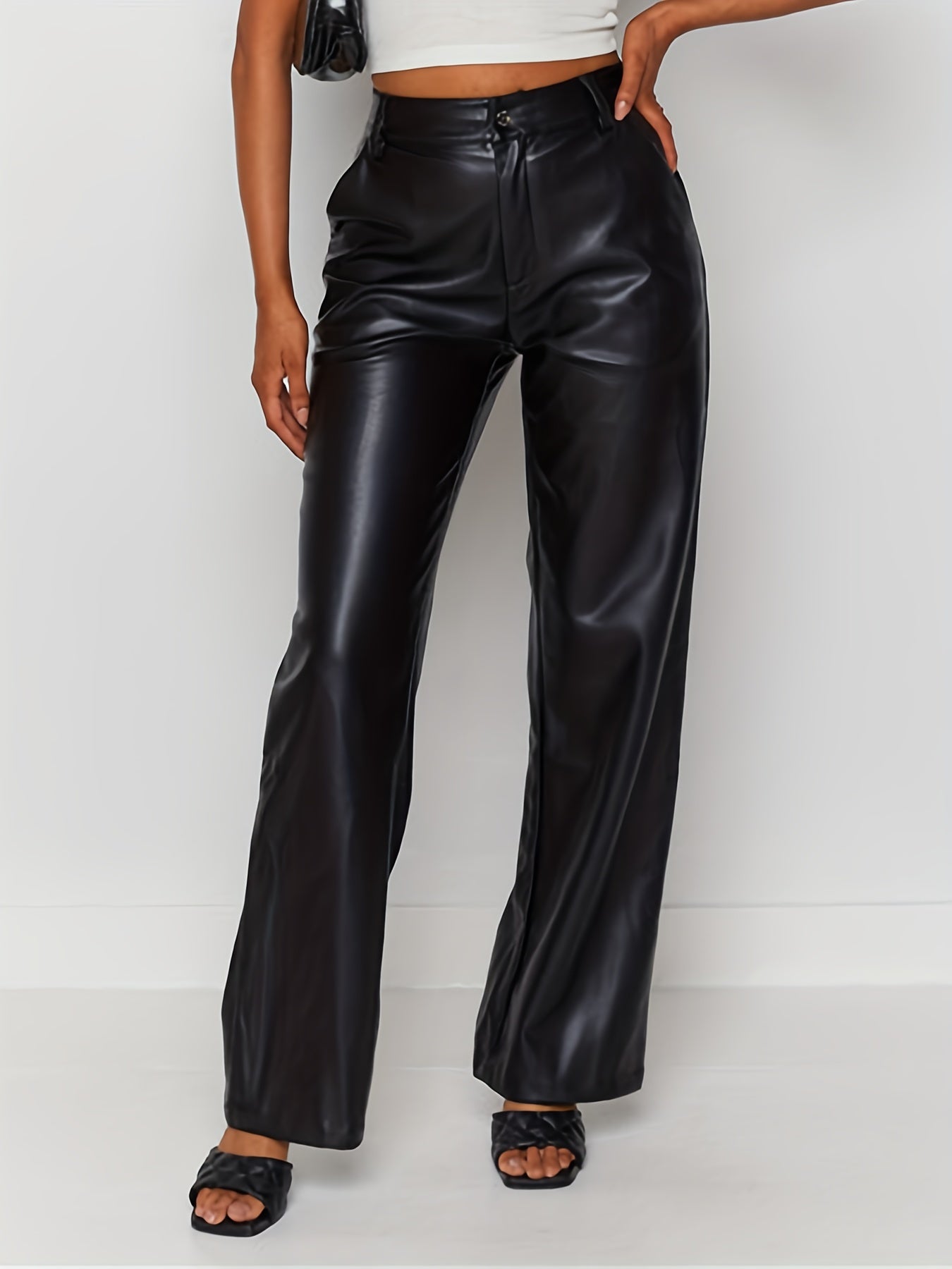gbolsos PU Leather Straight Leg Pants, Casual High Waist Pants, Women's Clothing