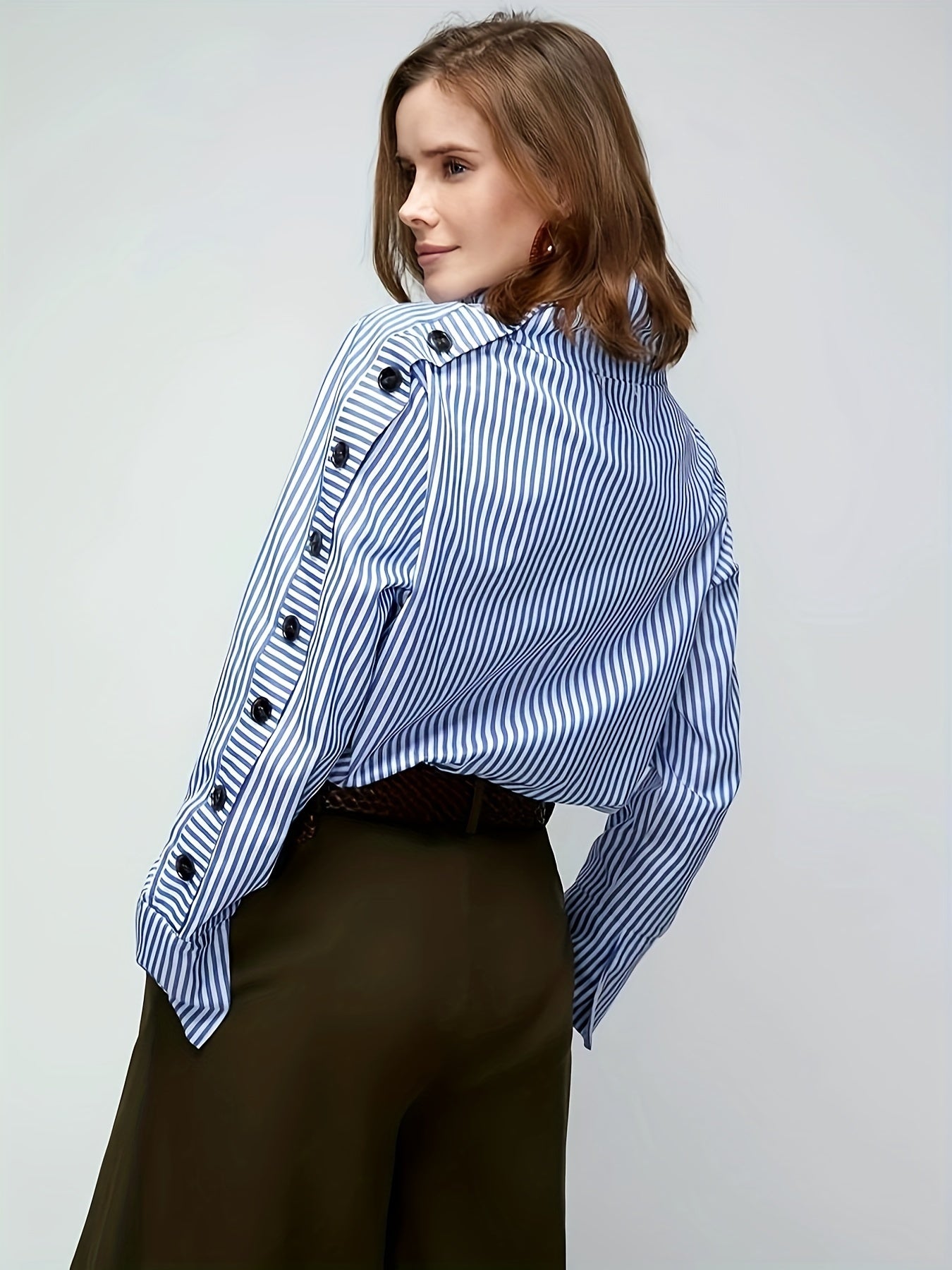 gbolsos Stripe Print Button Decor Blouse, Casual Long Sleeve Blouse For Spring & Fall, Women's Clothing