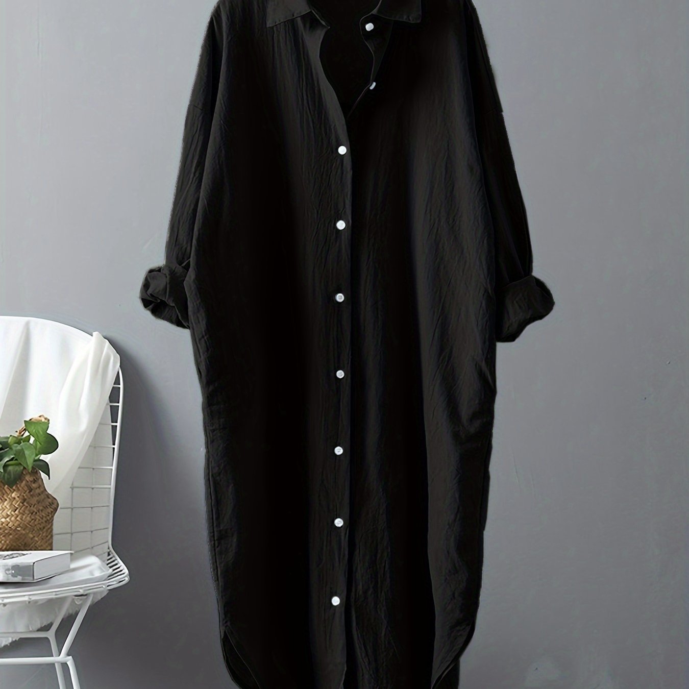 gbolsos Loose Long Sleeve Solid Lapel Shirt, Casual Medium Longline Button Shirt, Women's Clothing