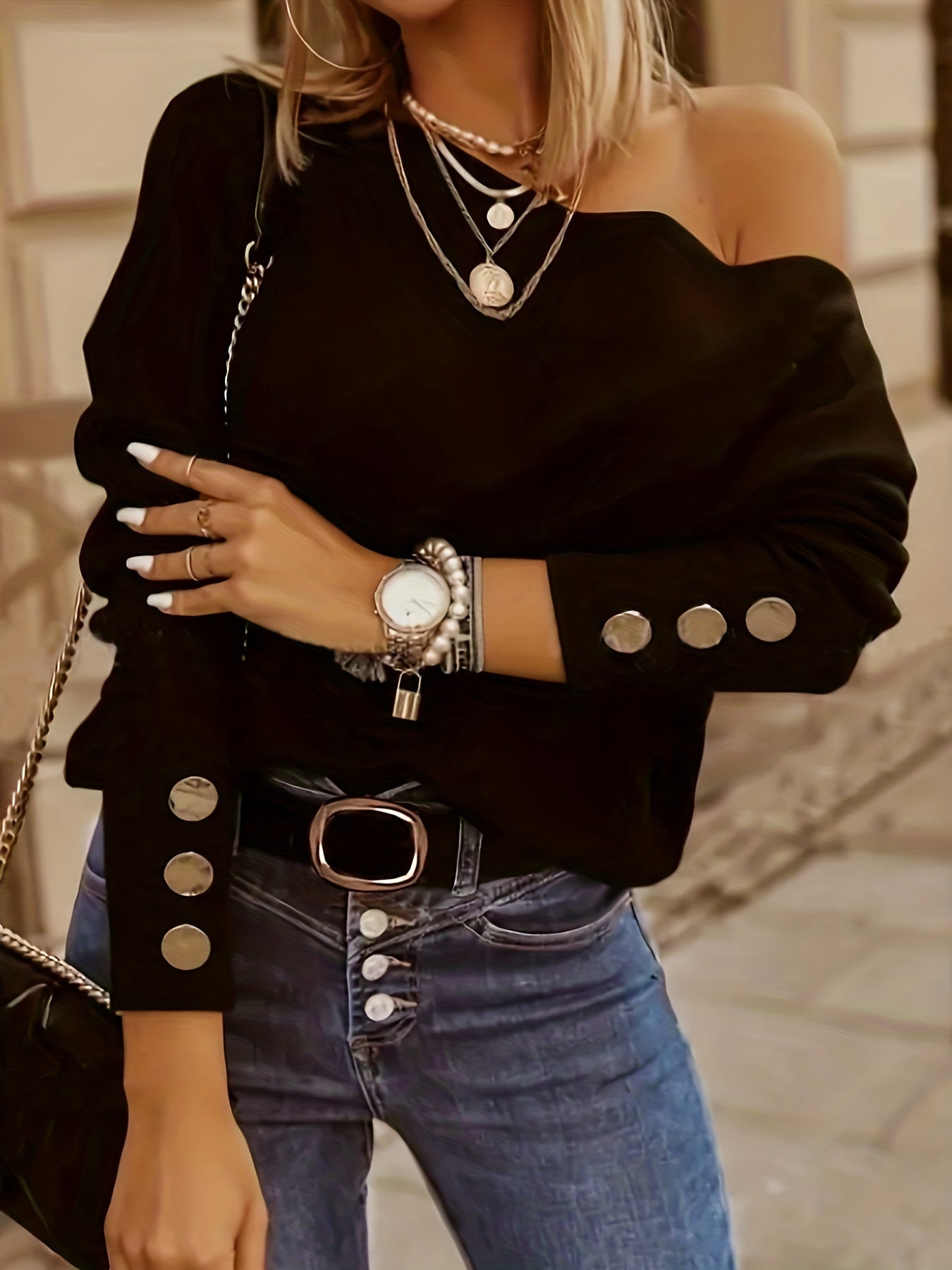 gbolsos Button Decor One-shoulder T-Shirt, Casual Long Sleeve T-Shirt For Spring & Fall, Women's Clothing