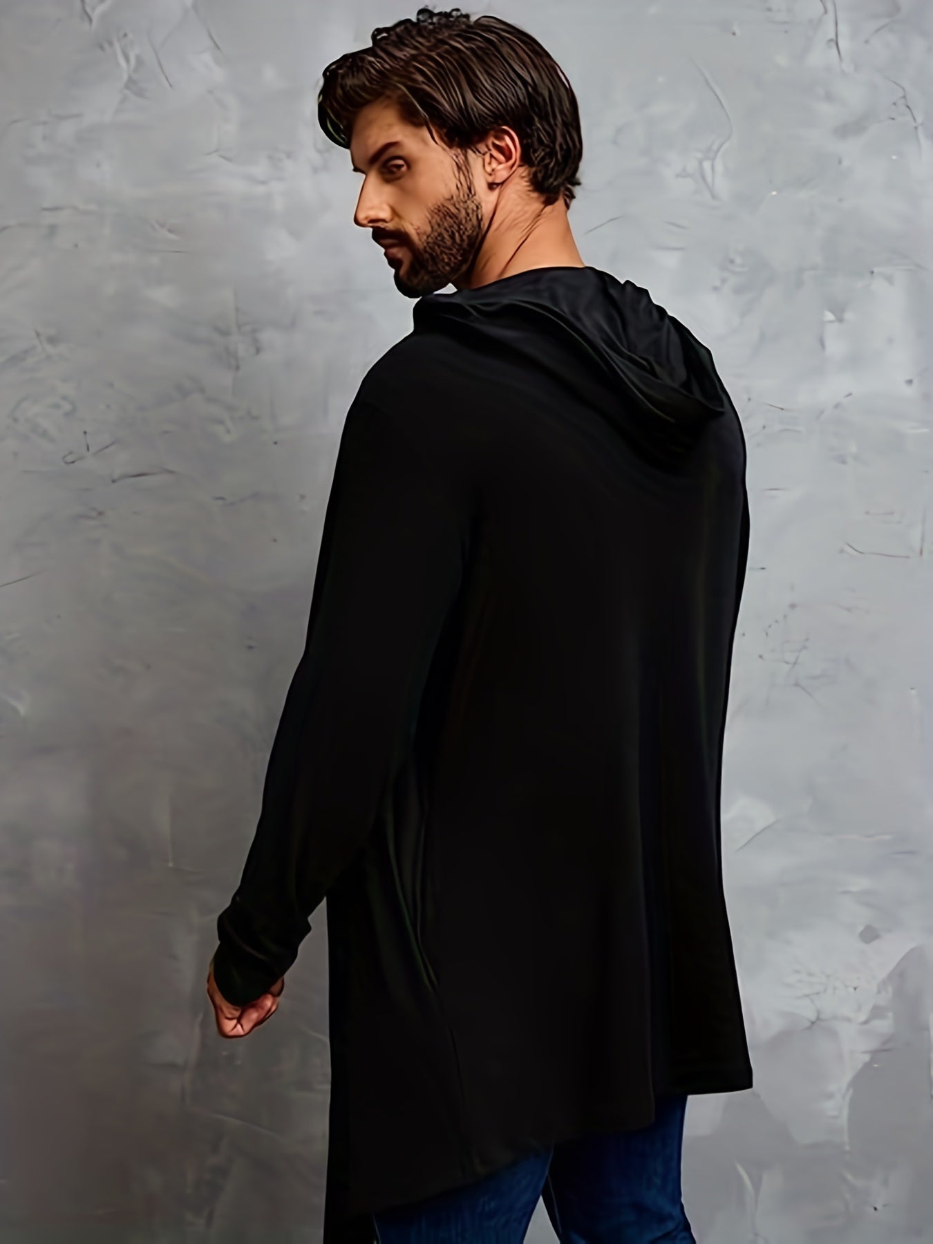 gbolsos Men's Hip Hop Hooded Cardigan With Solid Color, Casual Draped Long Sleeve Coat With Hooded Cloak & Asymmetrical Hem For Male, Plus Size