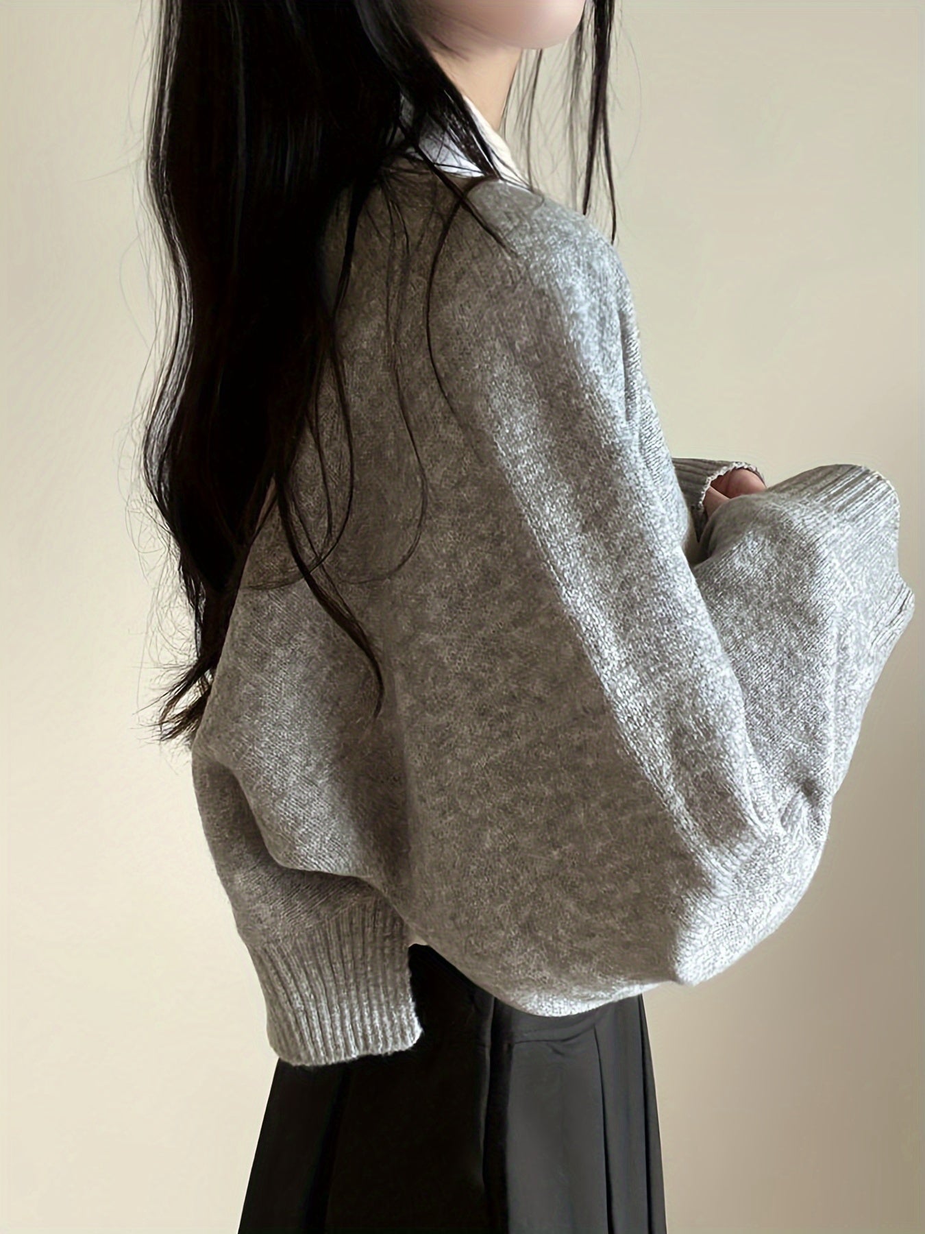 Solid Crew Neck Pullover Sweater, Casual Long Sleeve Split Loose Crop Sweater, Women's Clothing