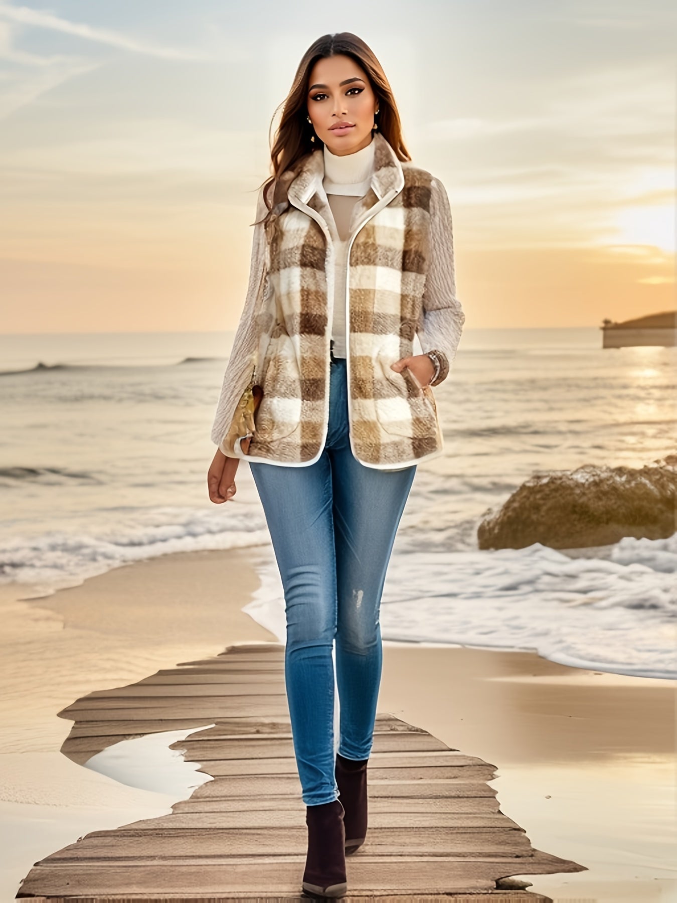 gbolsos Plaid Pattern Zip Up Vest, Casual Sleeveless Versatile Vest, Women's Clothing