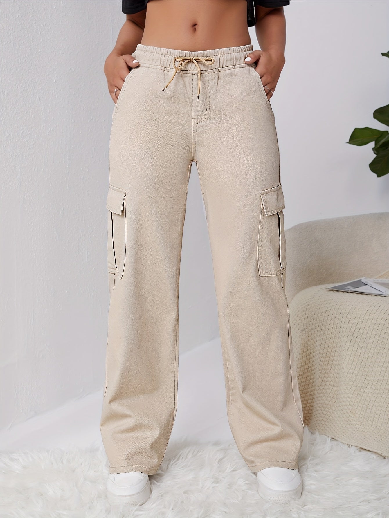 gbolsos Solid Color Drawstring Cargo Jeans, Elastic Waist Loose Wide Leg Denim Pants With Multi-pocket, Women's Denim Jeans & Clothing
