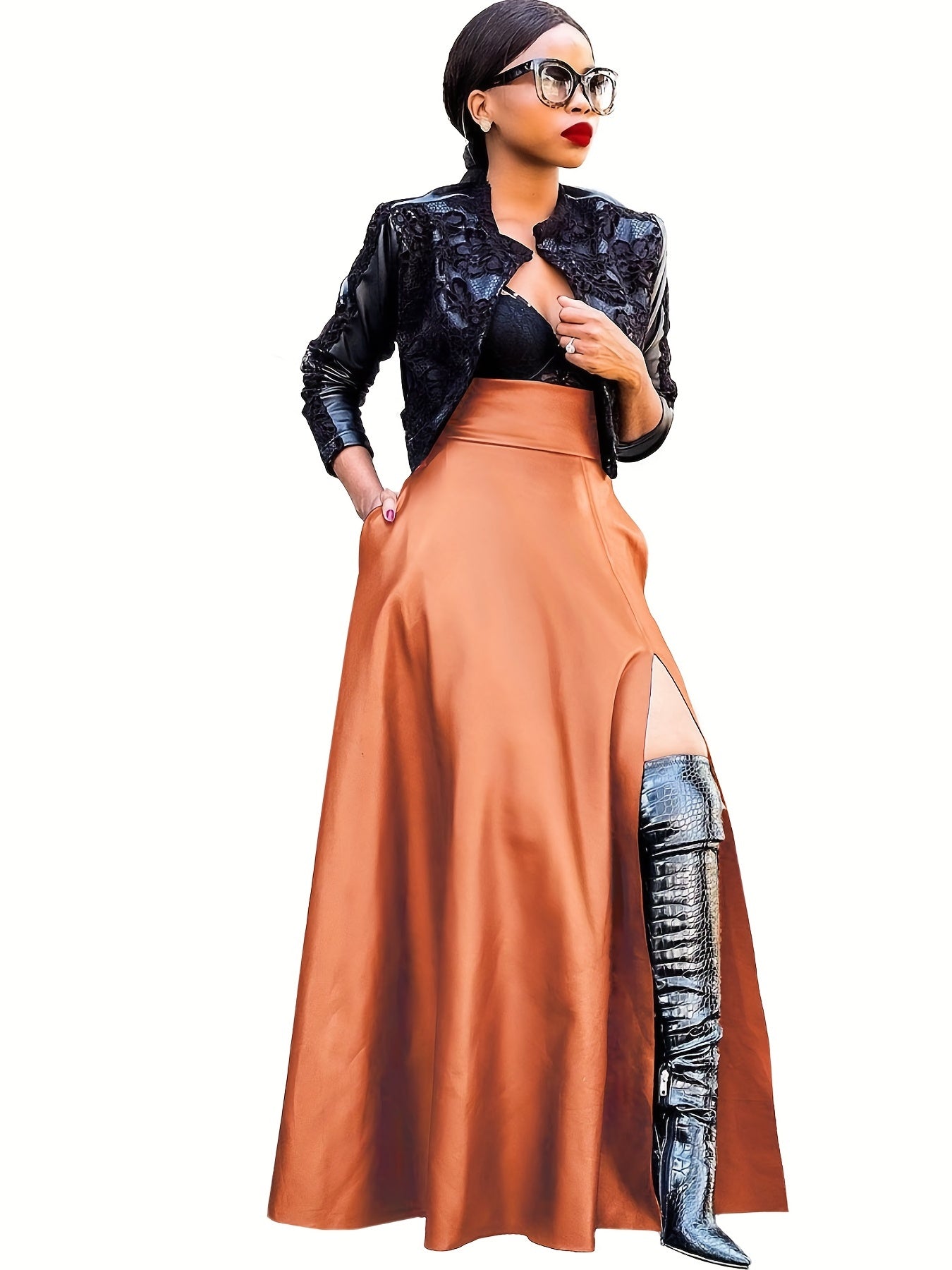 High Waist PU Leather Skirt, Sexy Side Slit Casual Skirt For Spring & Summer, Women's Clothing