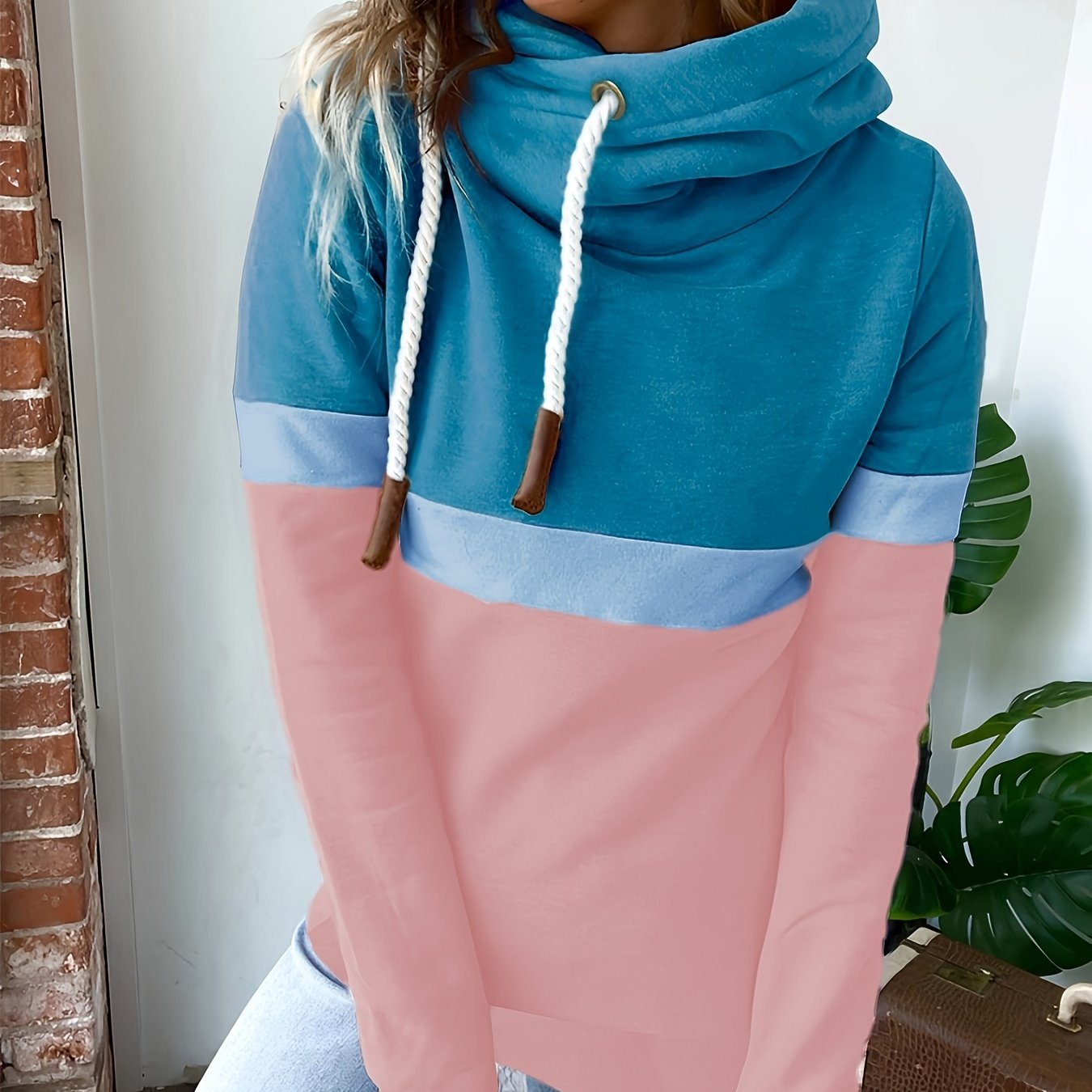 gbolsos Color Block Turtle Neck Hoodie, Casual Long Sleeve Drawstring Hoodies Sweatshirt, Women's Clothing