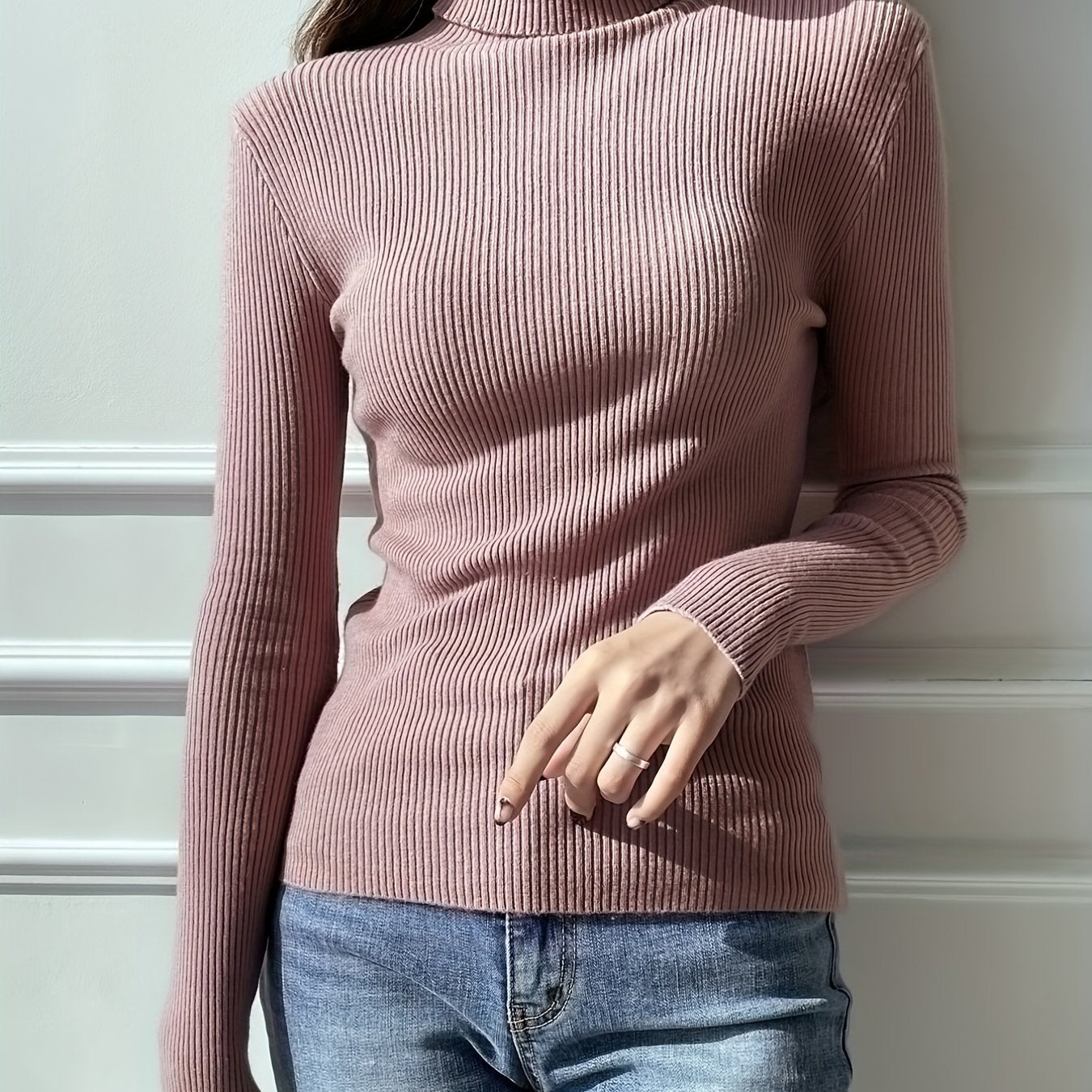 gbolsos Women's Sweater Turtleneck Solid Ribbed Long Sleeve Slim Pullover Knit Tops