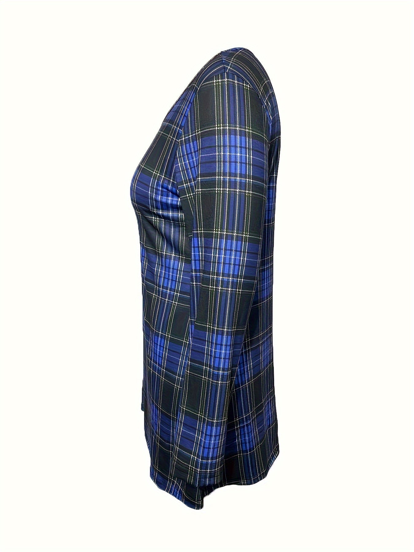 gbolsos Plaid Print V Neck Dress, Casual Long Sleeve Dress With Pockets, Women's Clothing