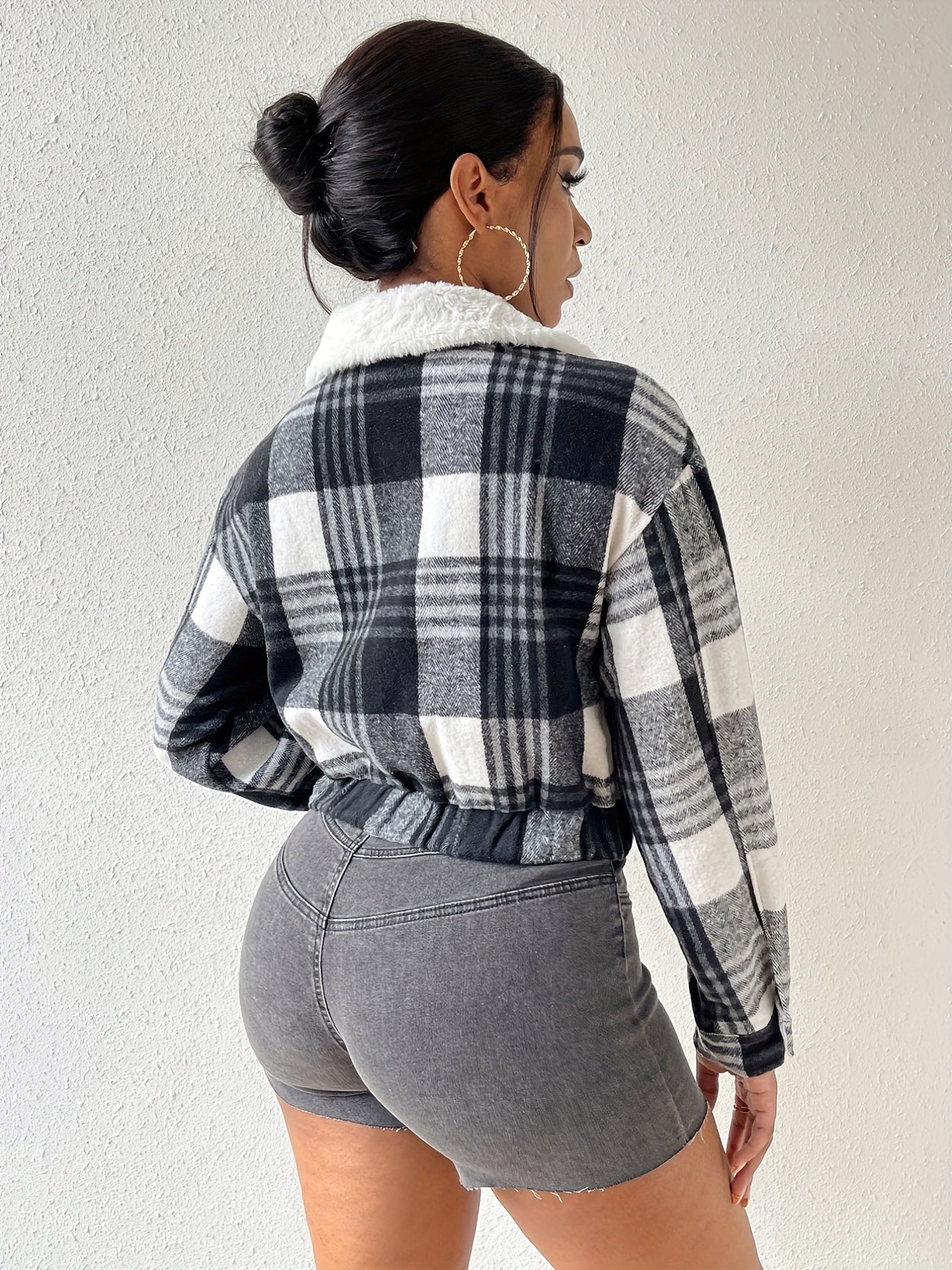 gbolsos Button Plaid Faux Fur Collar Jacket, Casual Long Sleeve Crop Jacket For Fall & Winter, Women's Clothing