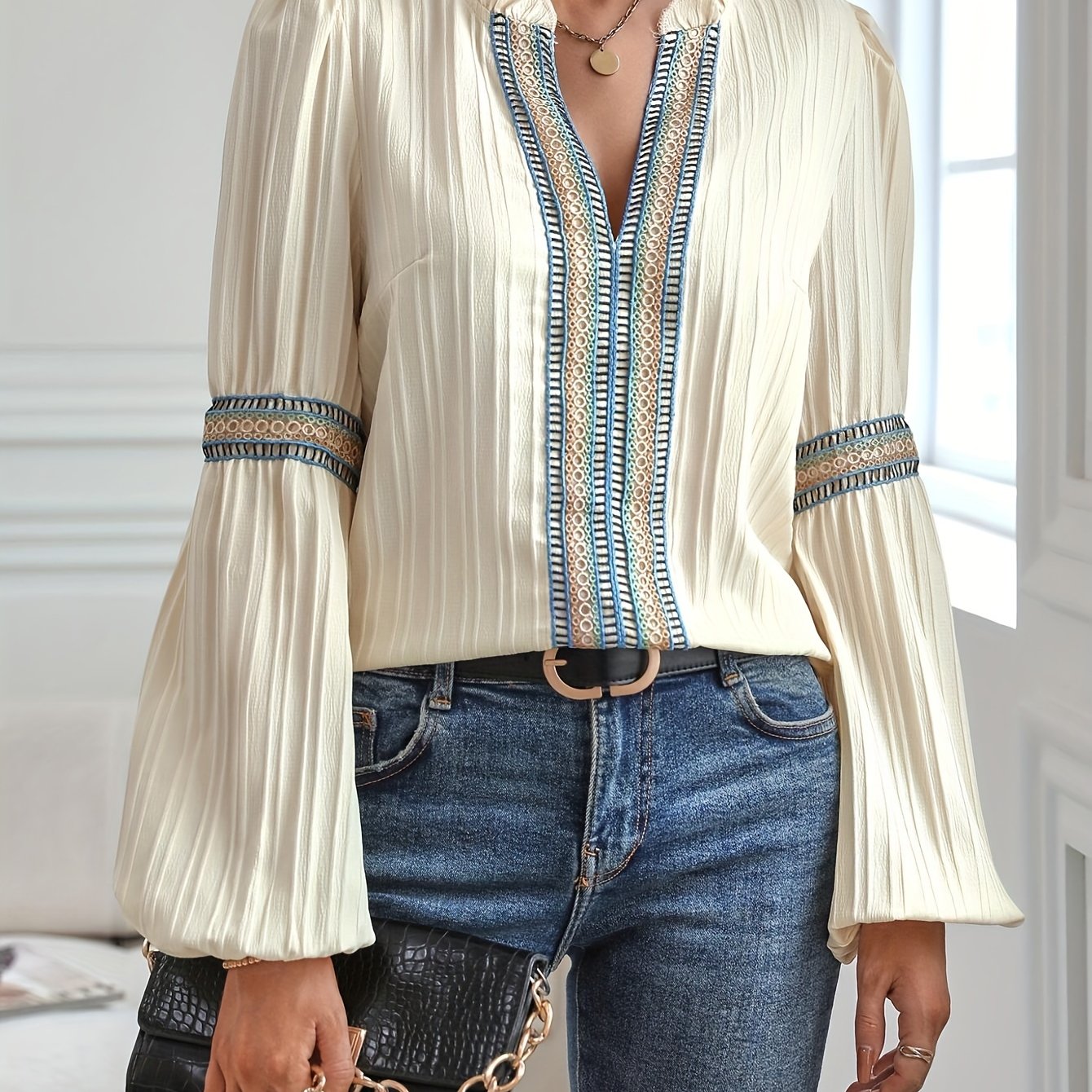 gbolsos Colorful Lace Stitching Blouse, Casual Long Sleeve Blouse For Spring & Fall, Women's Clothing