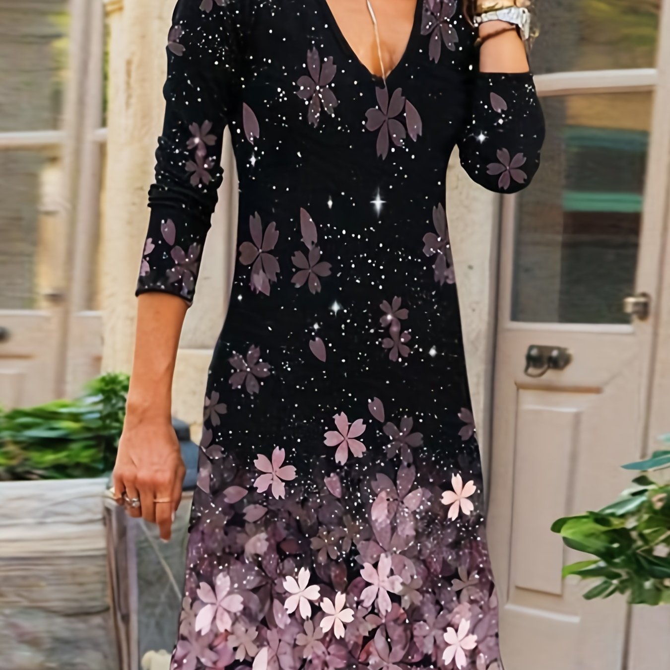 gbolsos Floral Print Round Neck Dress, Casual Long Sleeve Dress For Spring & Summer, Women's Clothing