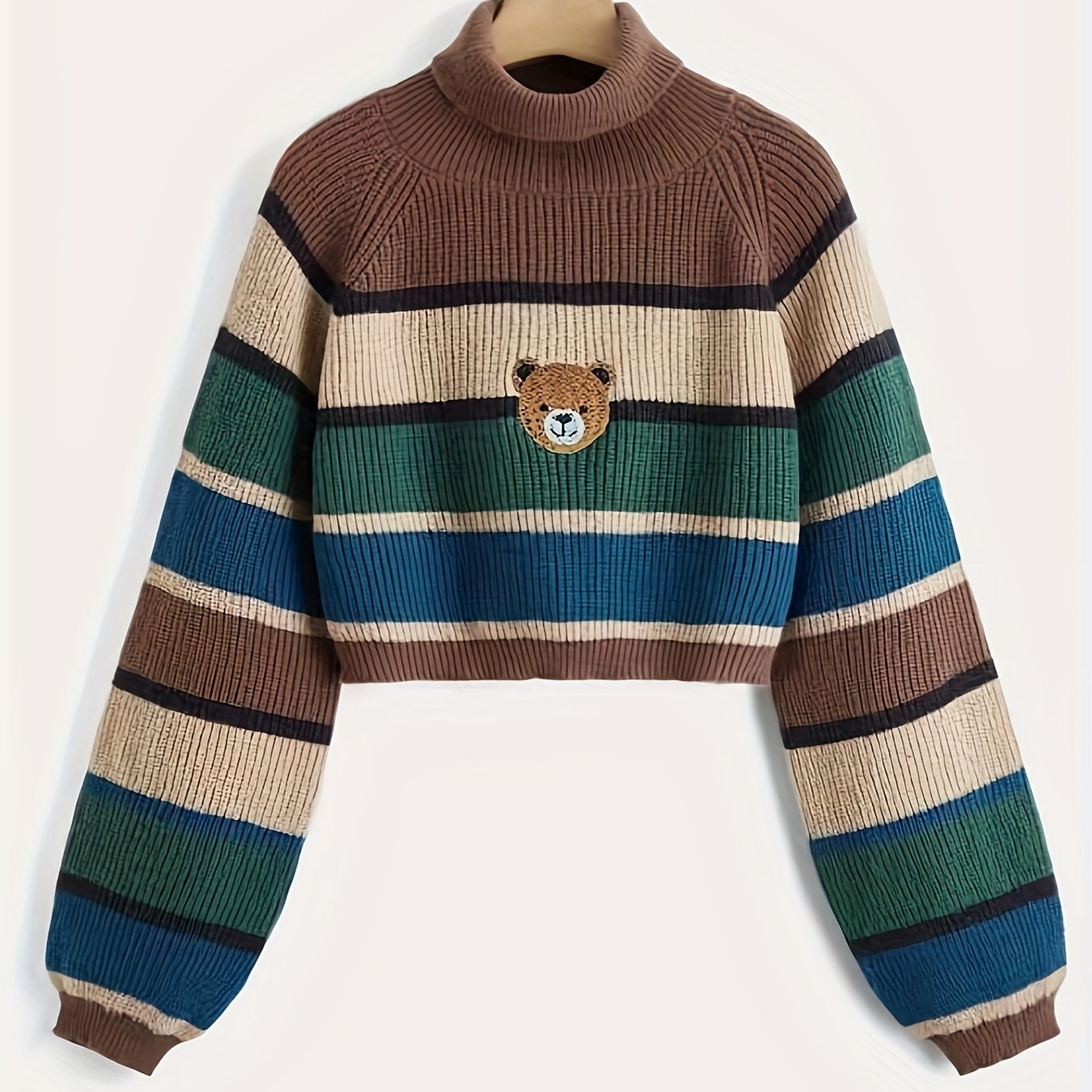 gbolsos Bear Pattern Striped Pullover Sweater, Cute Turtle Neck Long Sleeve Crop Sweater, Women's Clothing