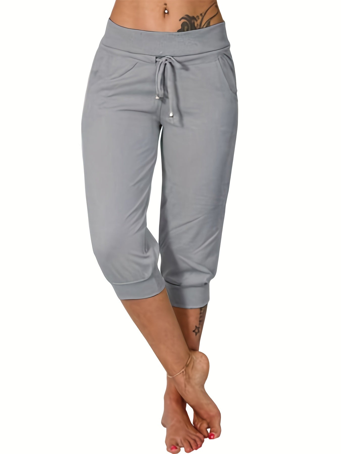 gbolsos Drawstring Workout Cropped Pants, Casual Solid Summer Pants With Pockets, Women's Clothing