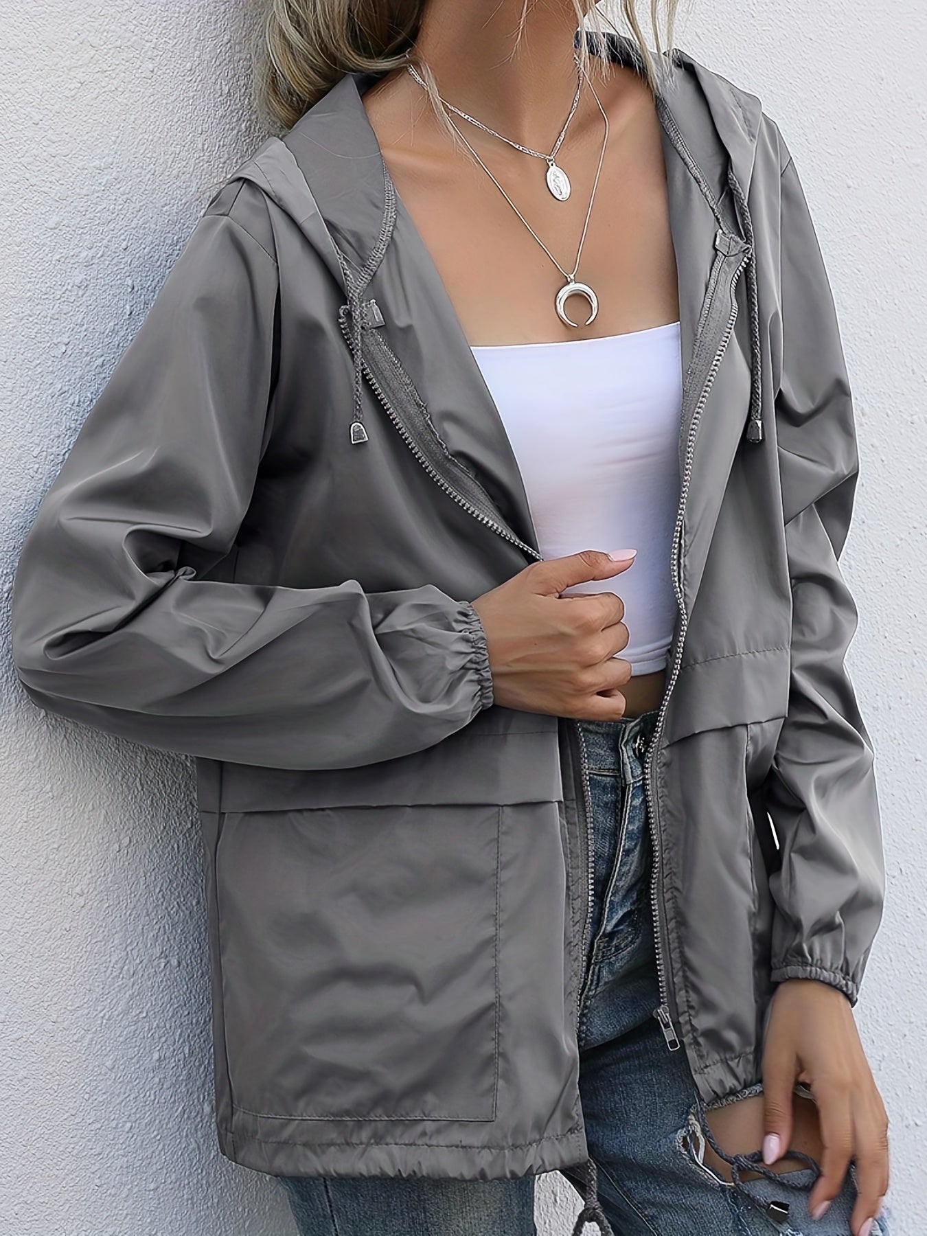 gbolsos Drawstring Solid Hooded Jacket, Casual Long Sleeve Versatile Outerwear, Women's Clothing