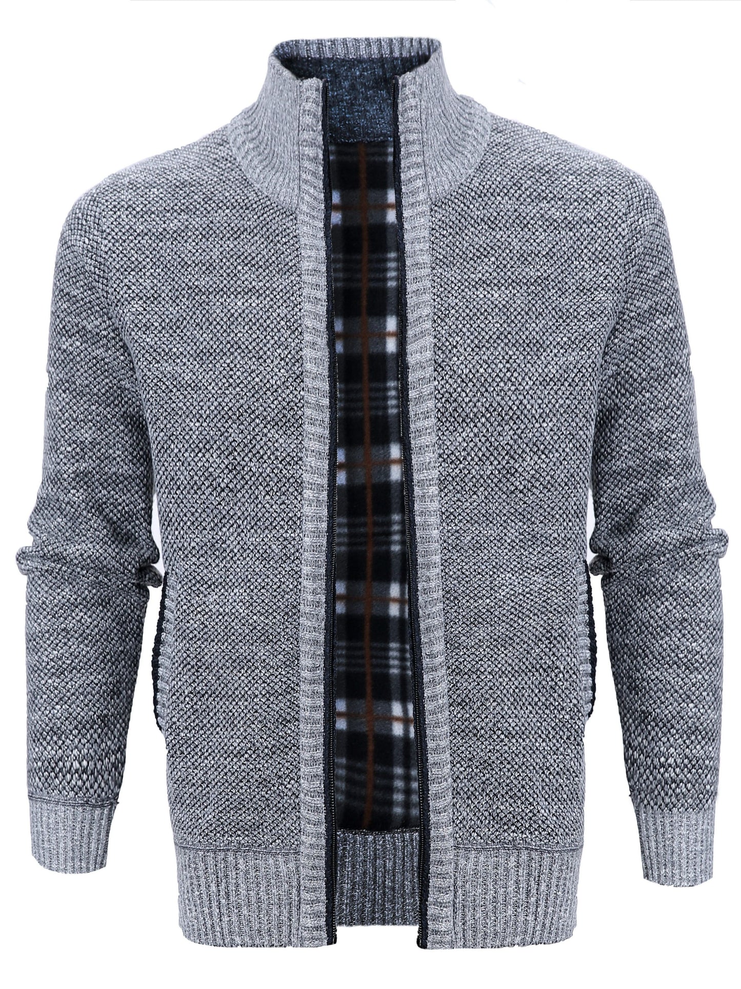 gbolsos Warm Zip Up Jacket Sweater, Men's Casual Lapel Mid Stretch Slant Pocket Solid Color Cardigan For Fall Winter