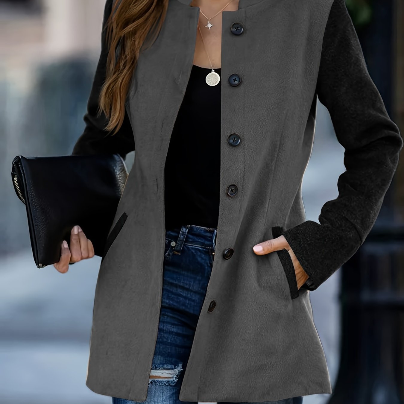 gbolsos Color Block Button Front Jacket, Casual Simple Long Sleeve Outerwear, Women's Clothing