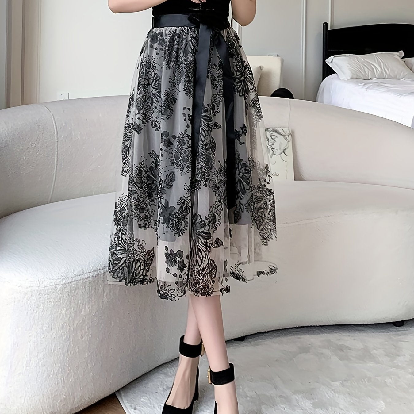 Contrast Mesh Knotted Skirts, Elegant A Line Skirts For Spring & Summer, Women's Clothing