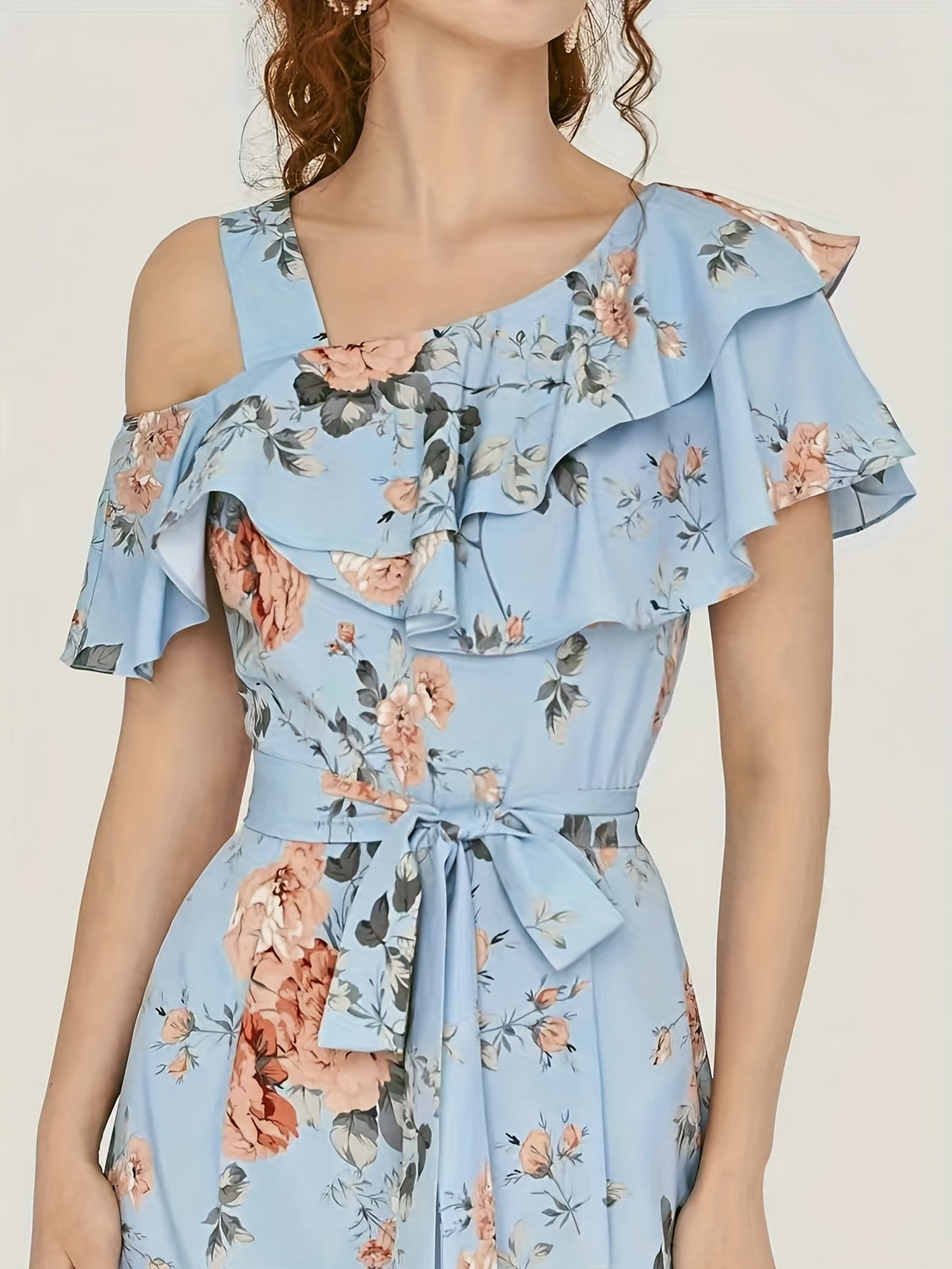 elveswallet Floral Print Wide Leg Jumpsuit, Boho Ruffle Layered Hem Jumpsuit For Spring & Summer, Women's Clothing