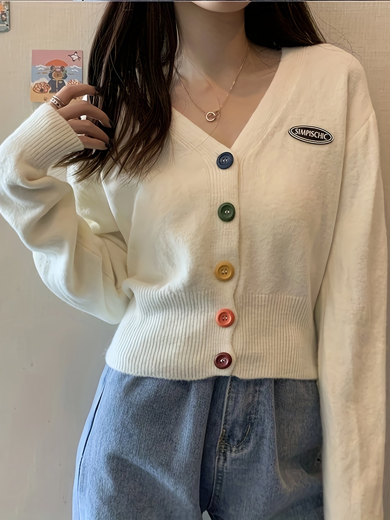 gbolsos Solid Colorful Buttons Cardigan, Casual Long Sleeve Drop Shoulder Outwear, Women's Clothing