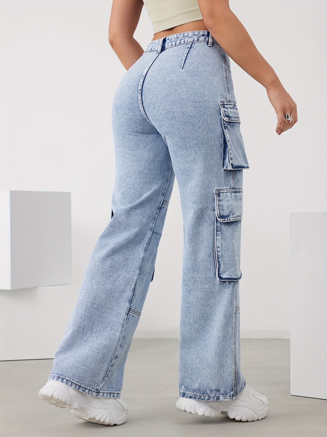 gbolsos Sky Blue Multi-pocket Cargo Pants, High Waist Loose Wide Leg Denim Pants, Women's Denim Jeans & Clothing