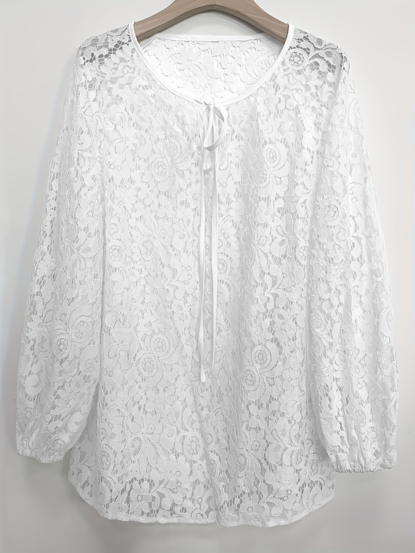 Solid Contrast Lace Blouse, Elegant Tie Front Long Sleeve Blouse, Women's Clothing