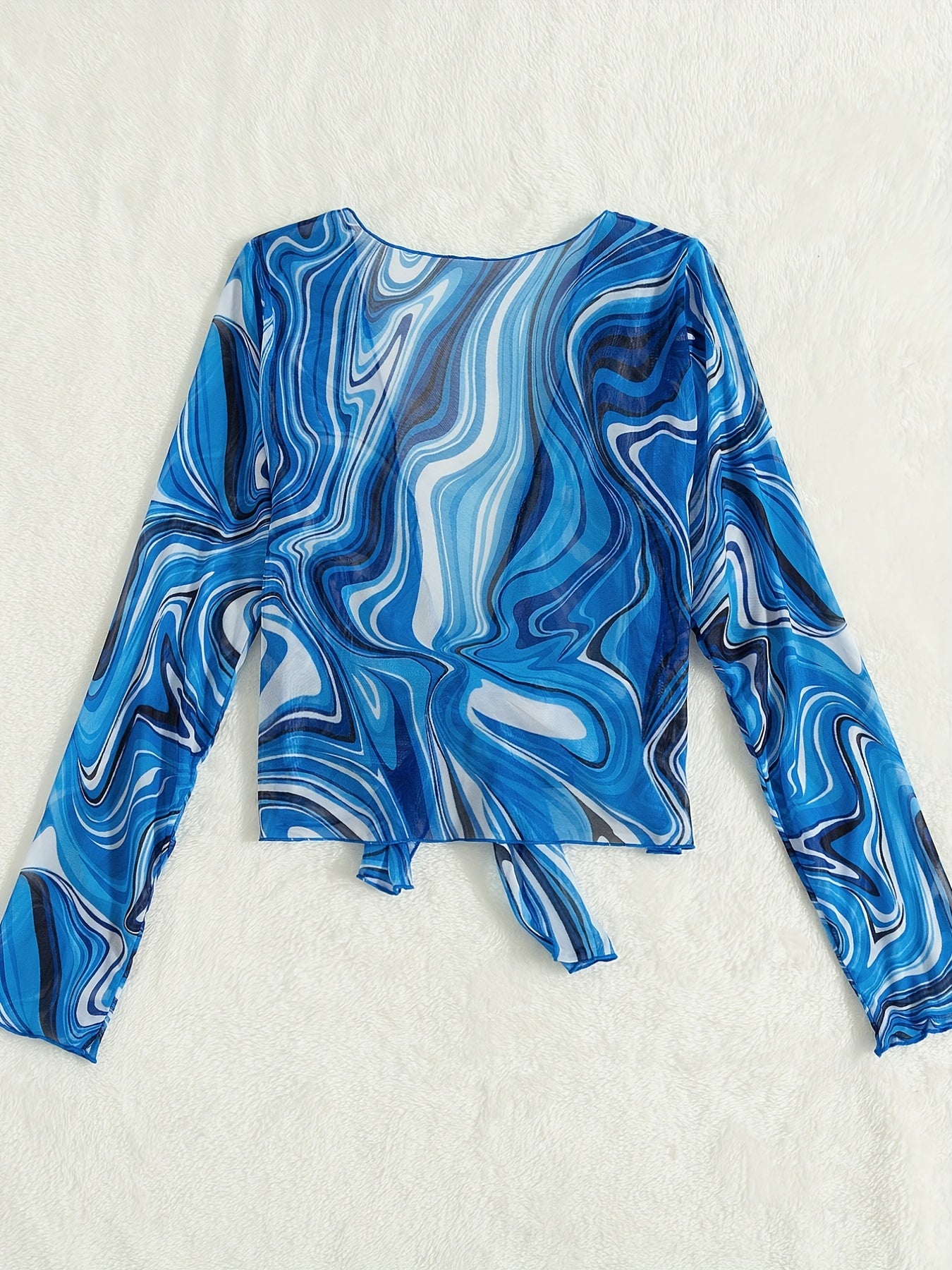 gbolsos Blue Fluid Print Long Sleeve Cover Up, Soft Mesh Bow Tie Sun Protection Cardigan, Women's Swimwear & Clothing