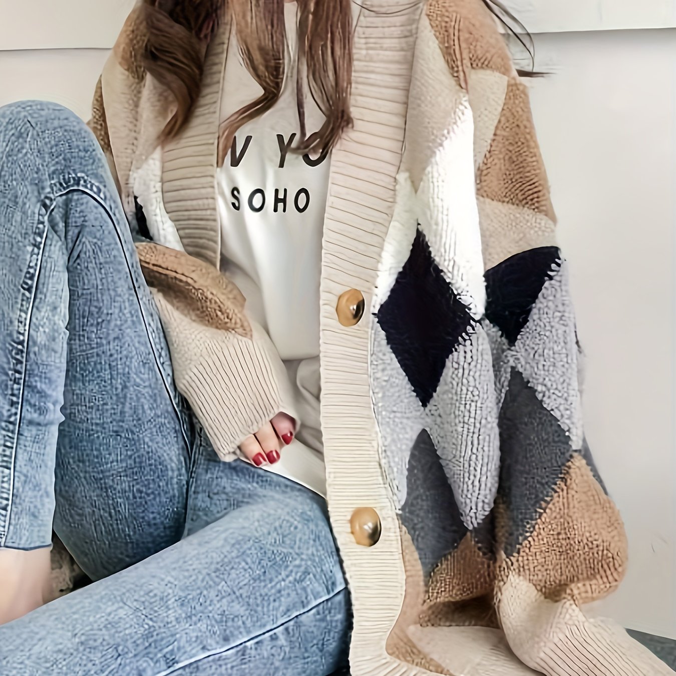 gbolsos Letter Pattern Button Down Knit Cardigan, Casual Long Sleeve Loose Thick Sweater Jacket, Women's Clothing