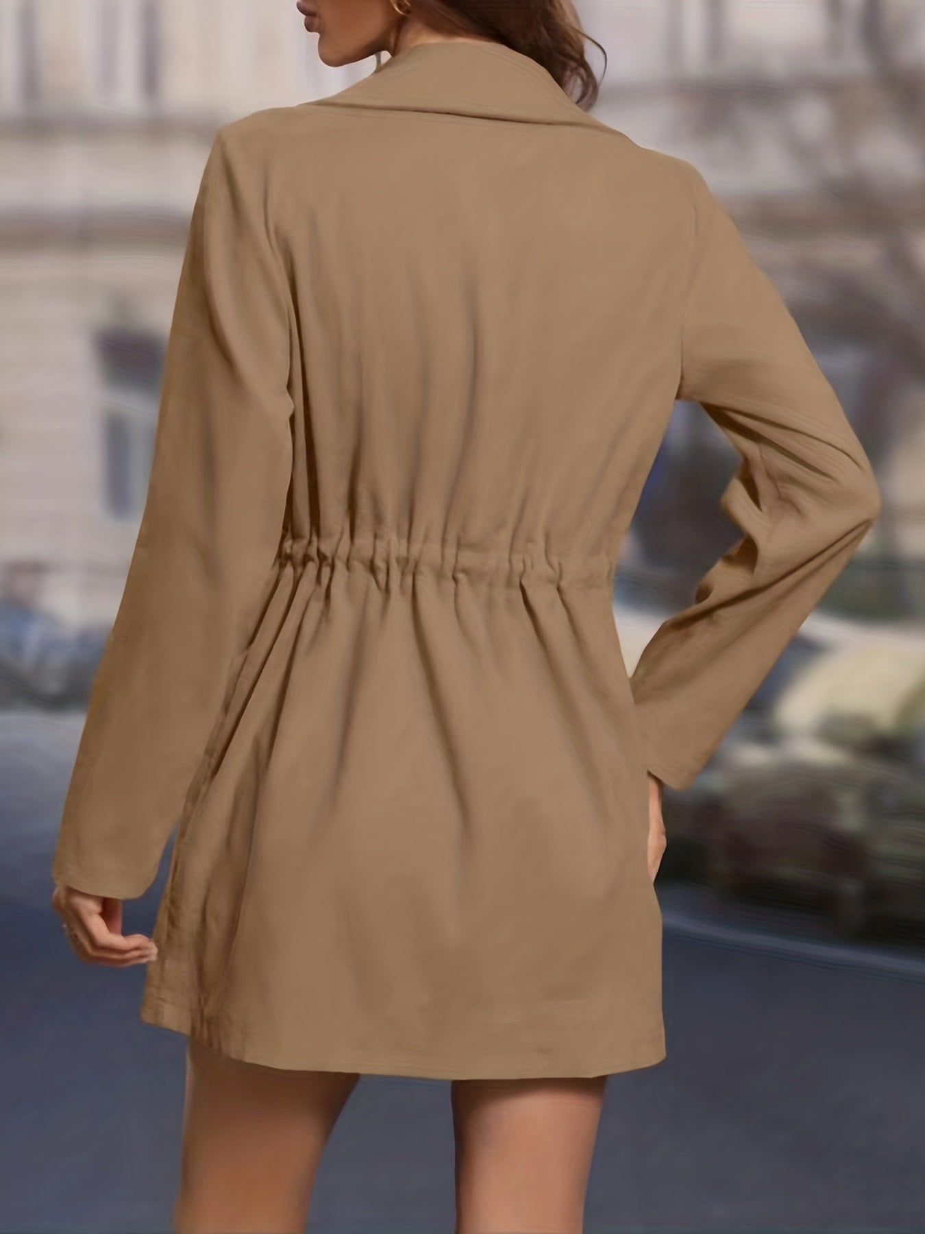 gbolsos Drawstring Lapel Coat, Elegant Solid Long Sleeve Outerwear, Women's Clothing