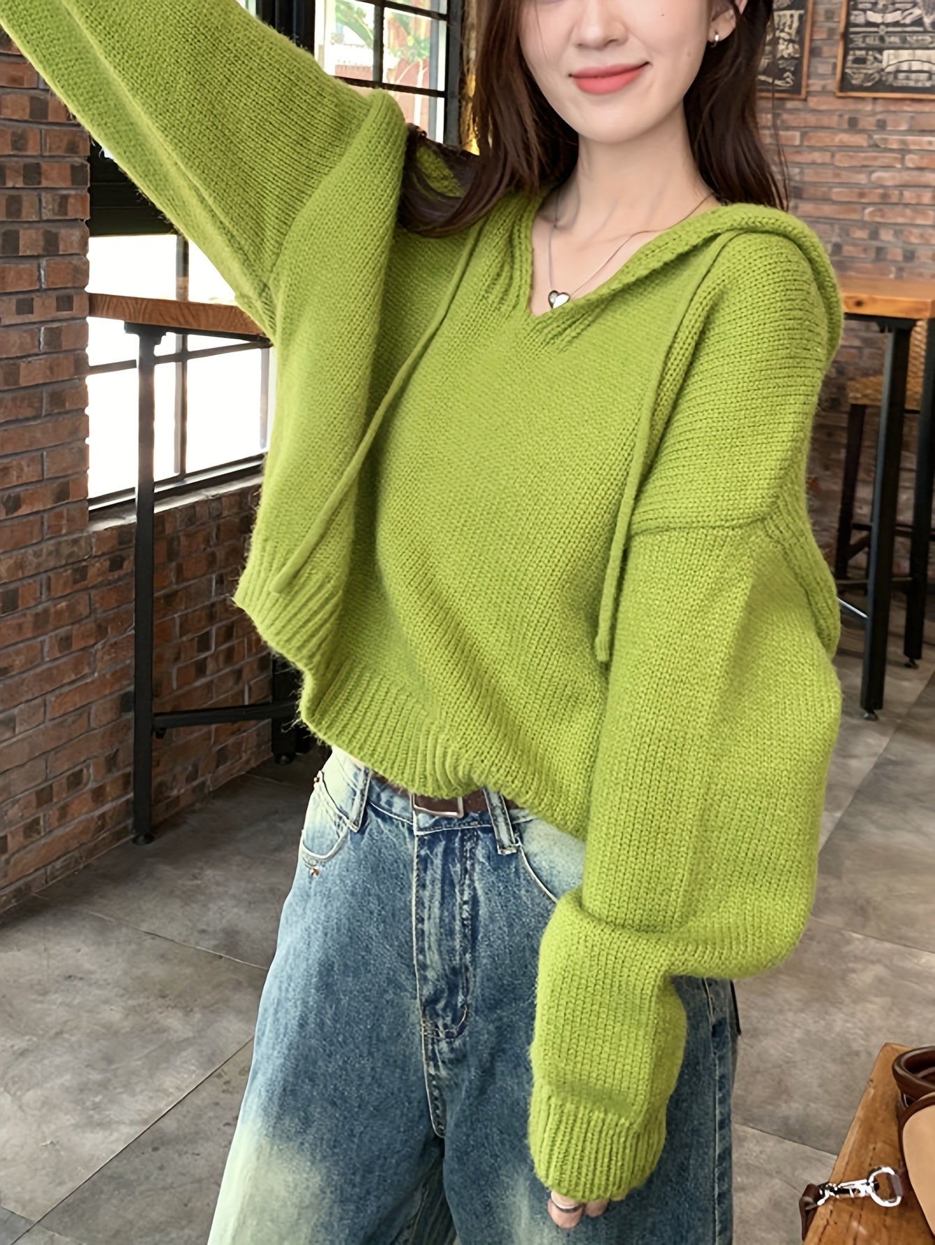 gbolsos Solid Drawstring Hooded Sweater, Casual Long Sleeve Drop Shoulder Loose Sweater, Women's Clothing