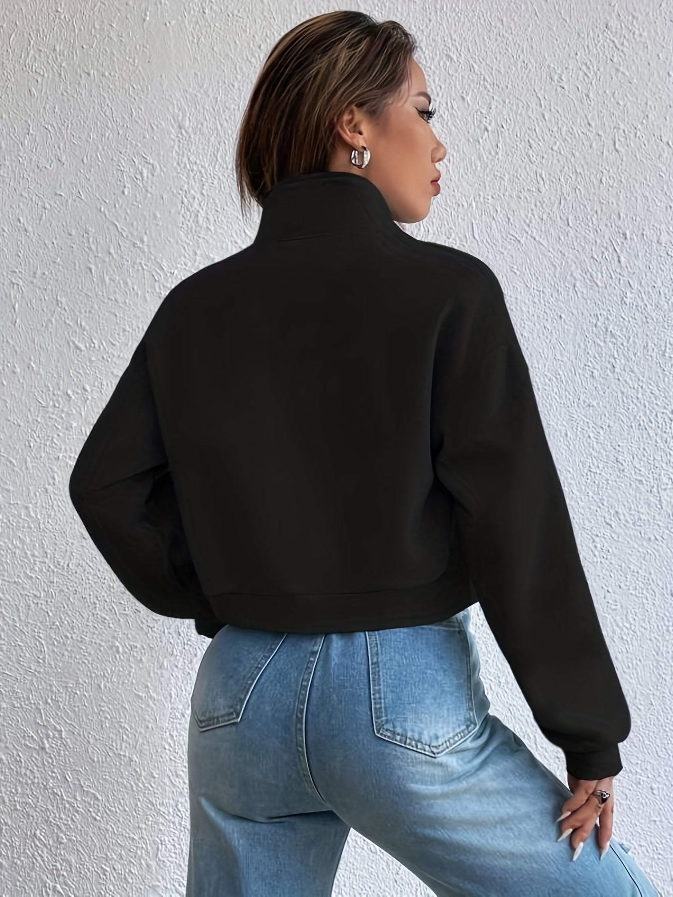 gbolsos Zip Front Flap Pockets Jacket, Casual Turtleneck Crop Jacket For Fall, Women's Clothing