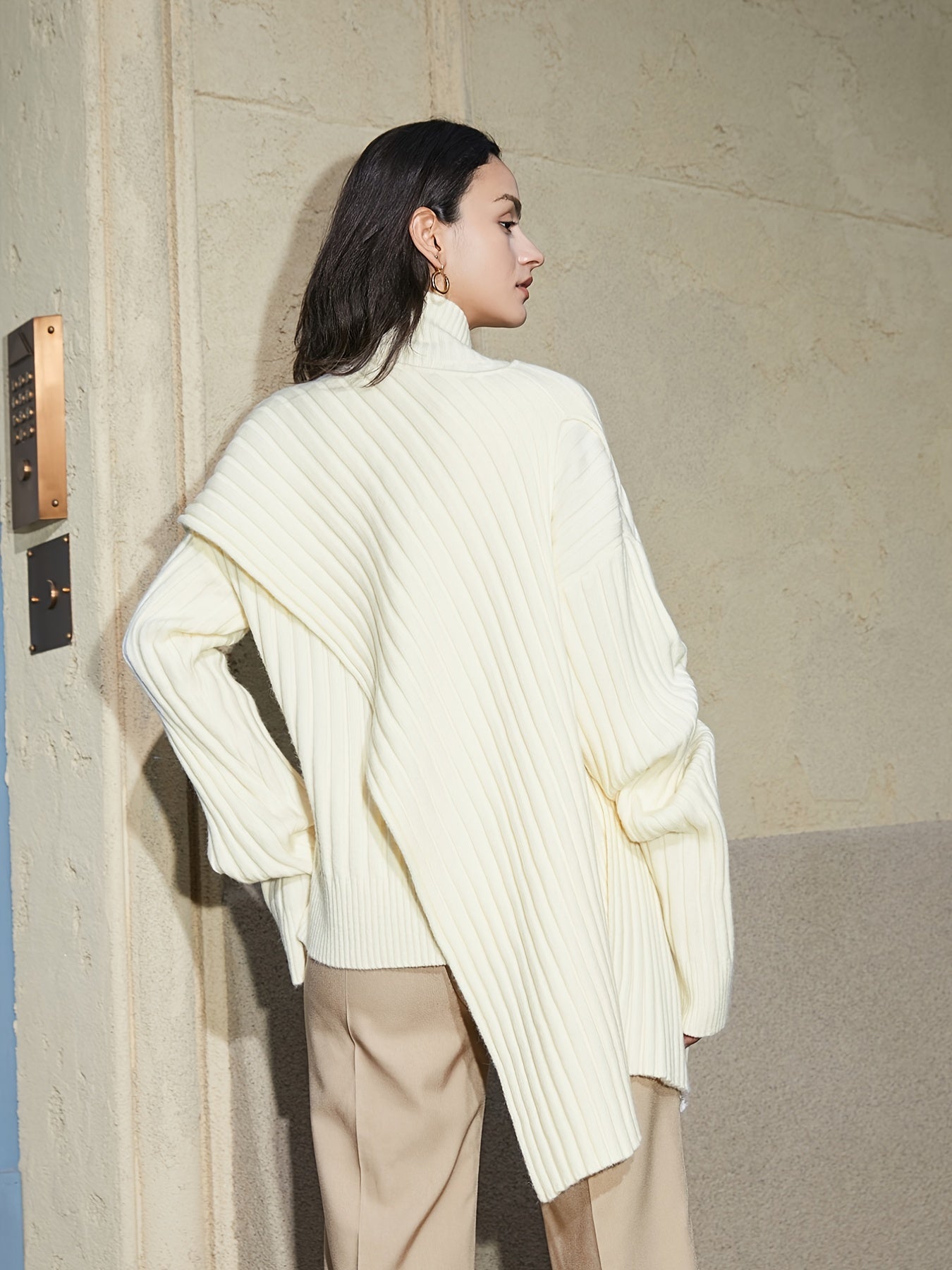 gbolsos Turtleneck Irregular Shawl Sweater, Casual Long Sleeve Loose Fall Winter Shawl Knit Sweater, Women's Clothing