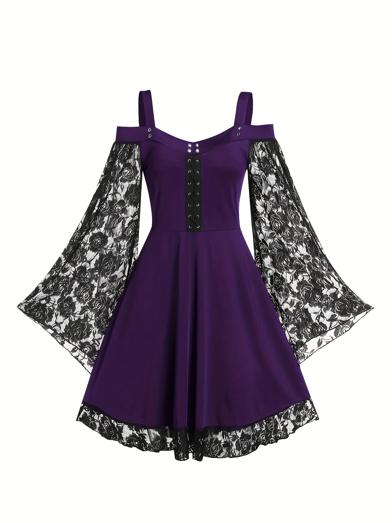 Solid Contrast Lace Dress, Gothic Drawstring Solid Mini Dress, Women's Clothing