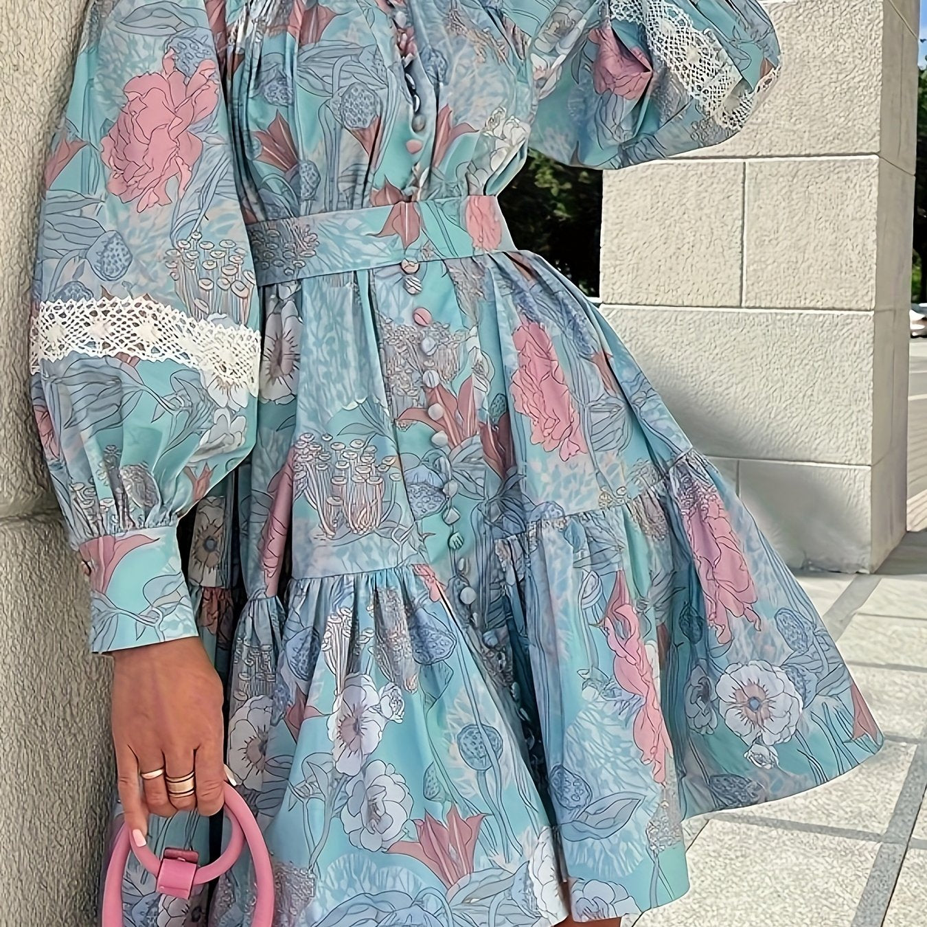 gbolsos Floral Print Button Front Dress, Elegant Pleated Long Sleeve High Collar Summer Dress, Women's Clothing